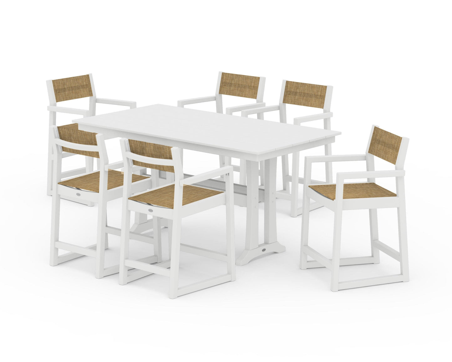 POLYWOOD EDGE Sling Arm Chair 7-Piece Farmhouse Counter Set with Trestle Legs — White / Burlap Sling