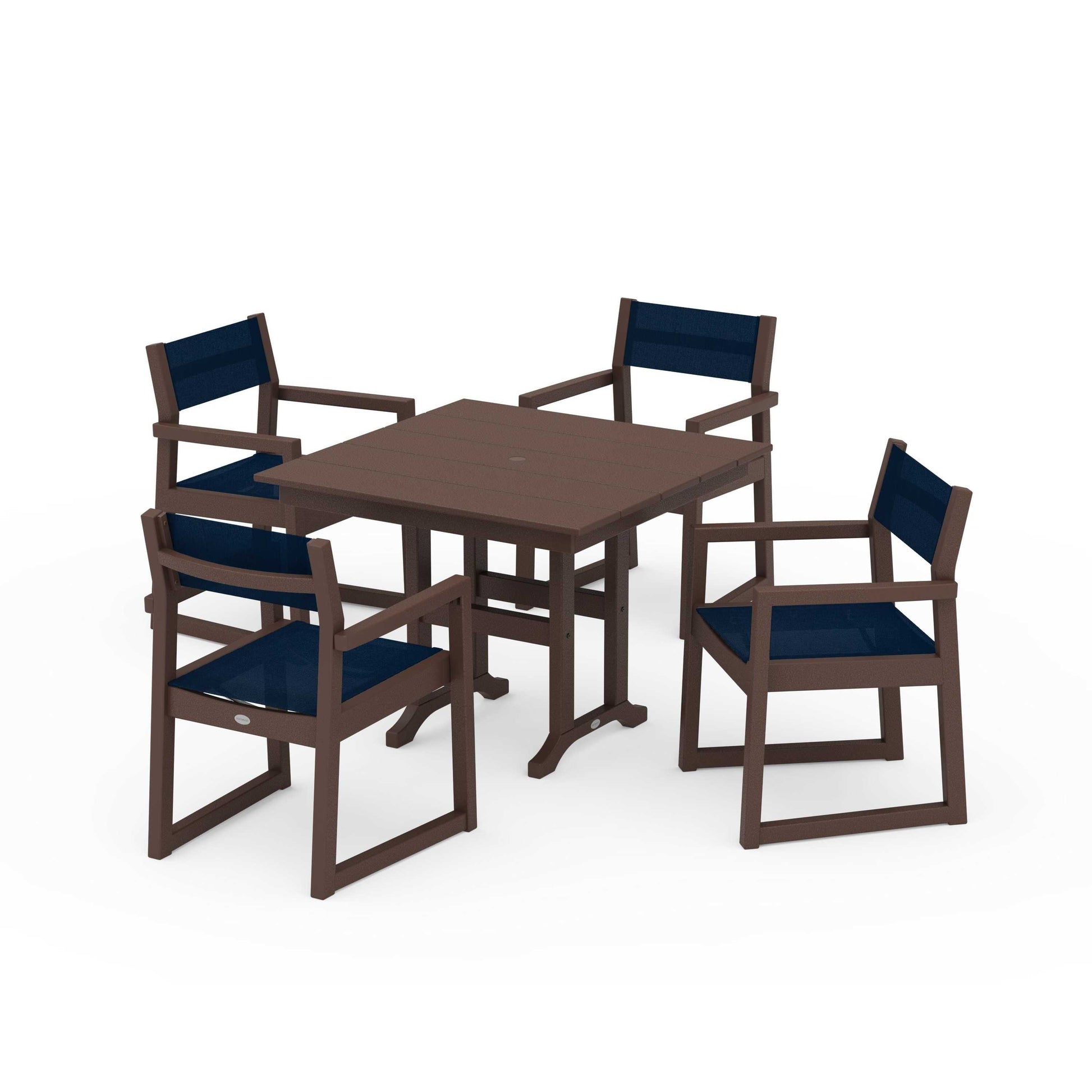 POLYWOOD EDGE Sling Arm Chair 5-Piece Farmhouse Dining Set — Mahogany / Navy Blue Sling
