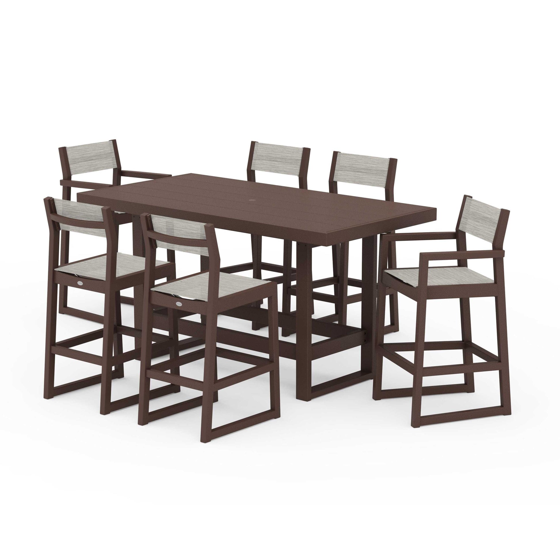 POLYWOOD EDGE Sling 7-Piece Bar Table Set — Mahogany / Birch Sling