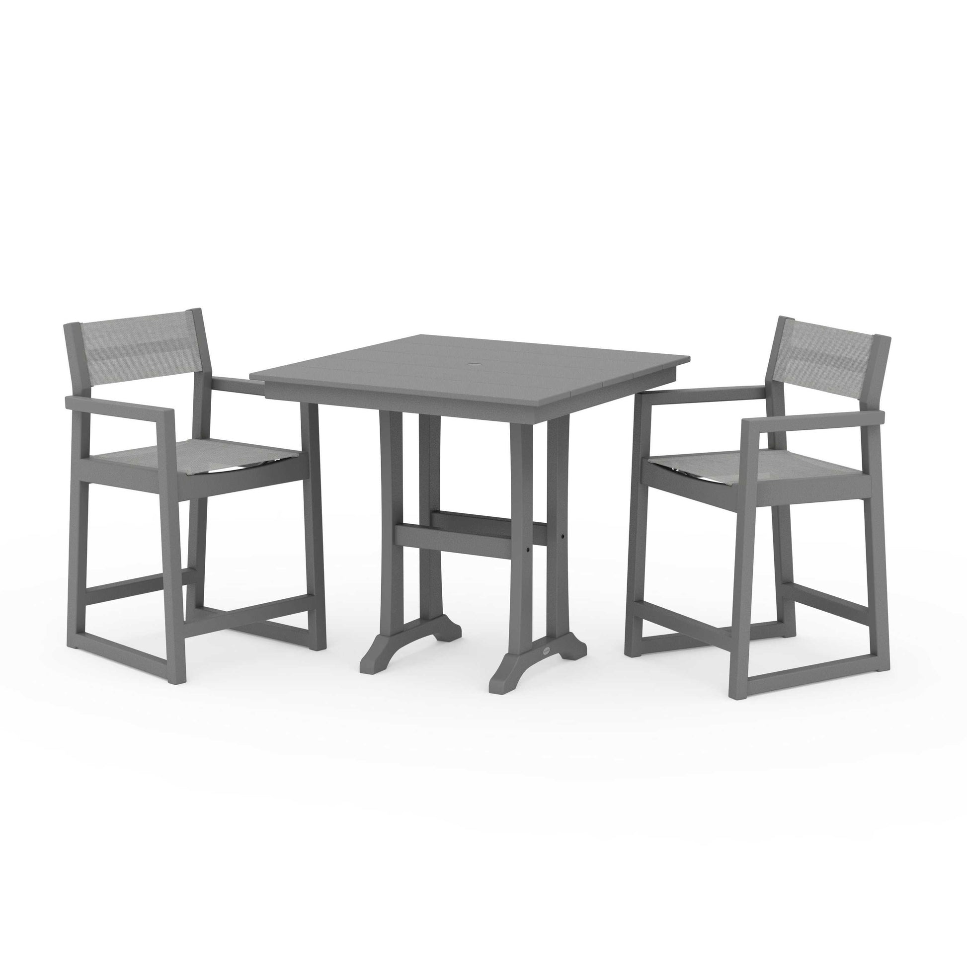 POLYWOOD EDGE Sling Arm Chair 3-Piece Farmhouse Counter Set with Trestle Legs — Slate Grey / Metallic Sling