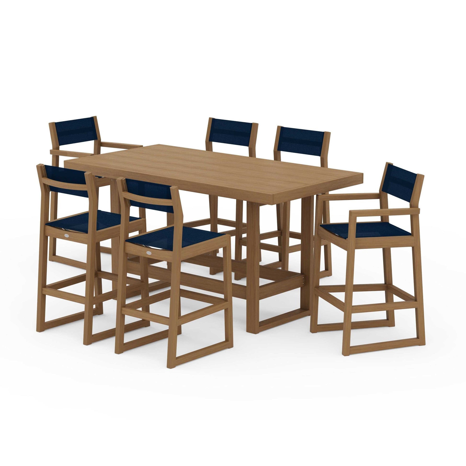 POLYWOOD EDGE Sling 7-Piece Bar Table Set — Natural / Navy Blue Sling