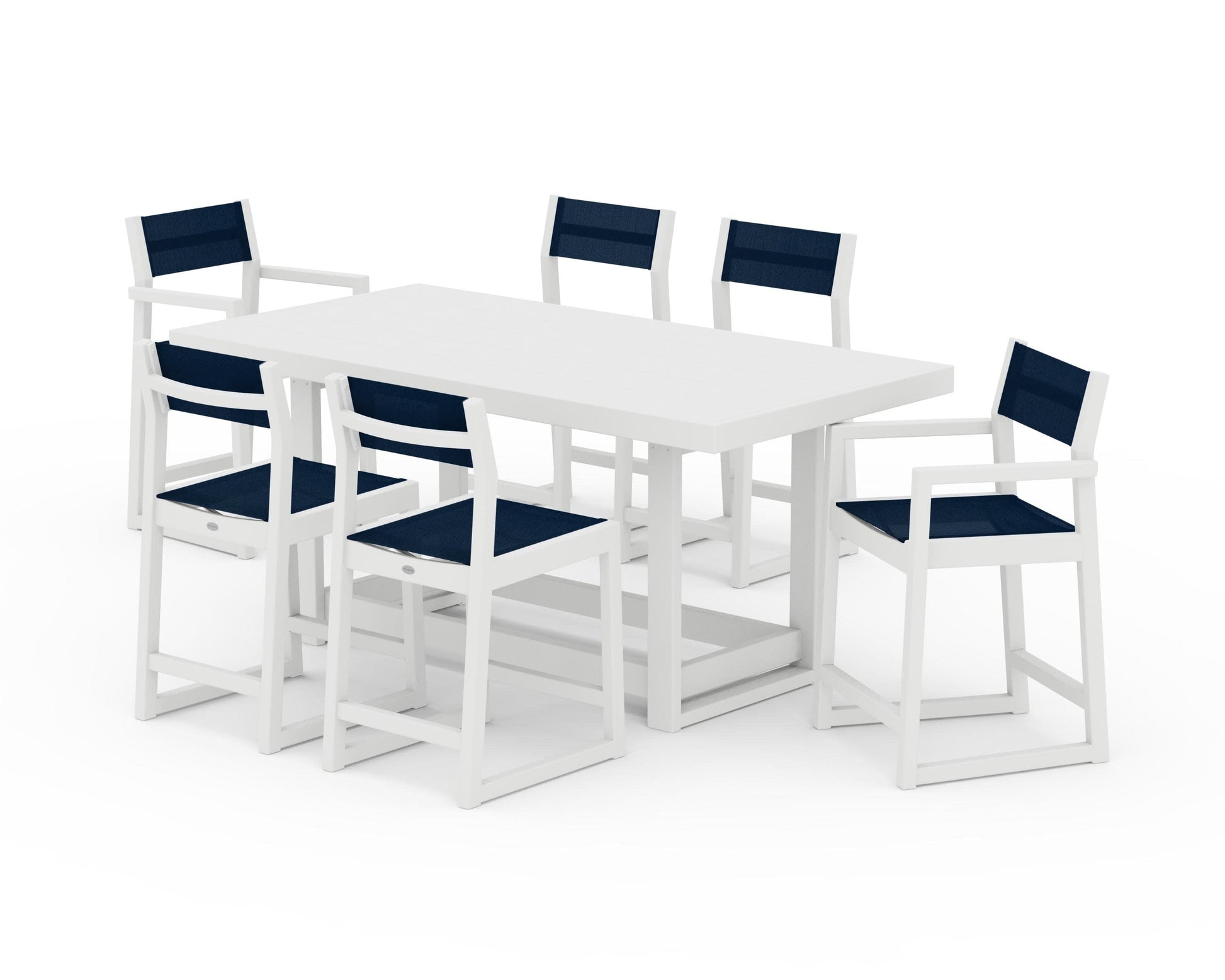 POLYWOOD EDGE Sling 7-Piece Counter Table Set — White / Navy Blue Sling