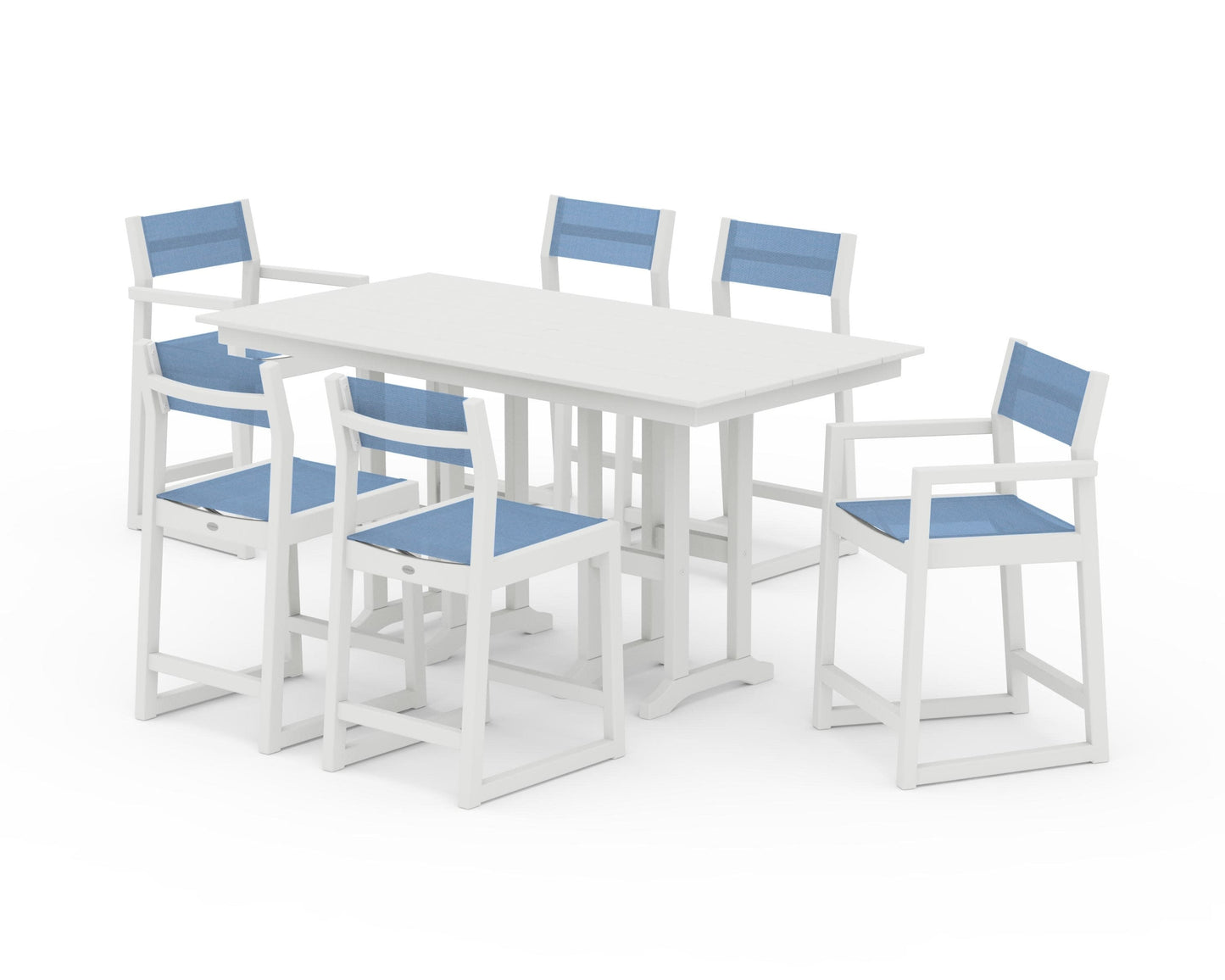 POLYWOOD EDGE Sling 7-Piece Farmhouse Counter Set with Trestle Legs — Vintage White / Poolside Sling