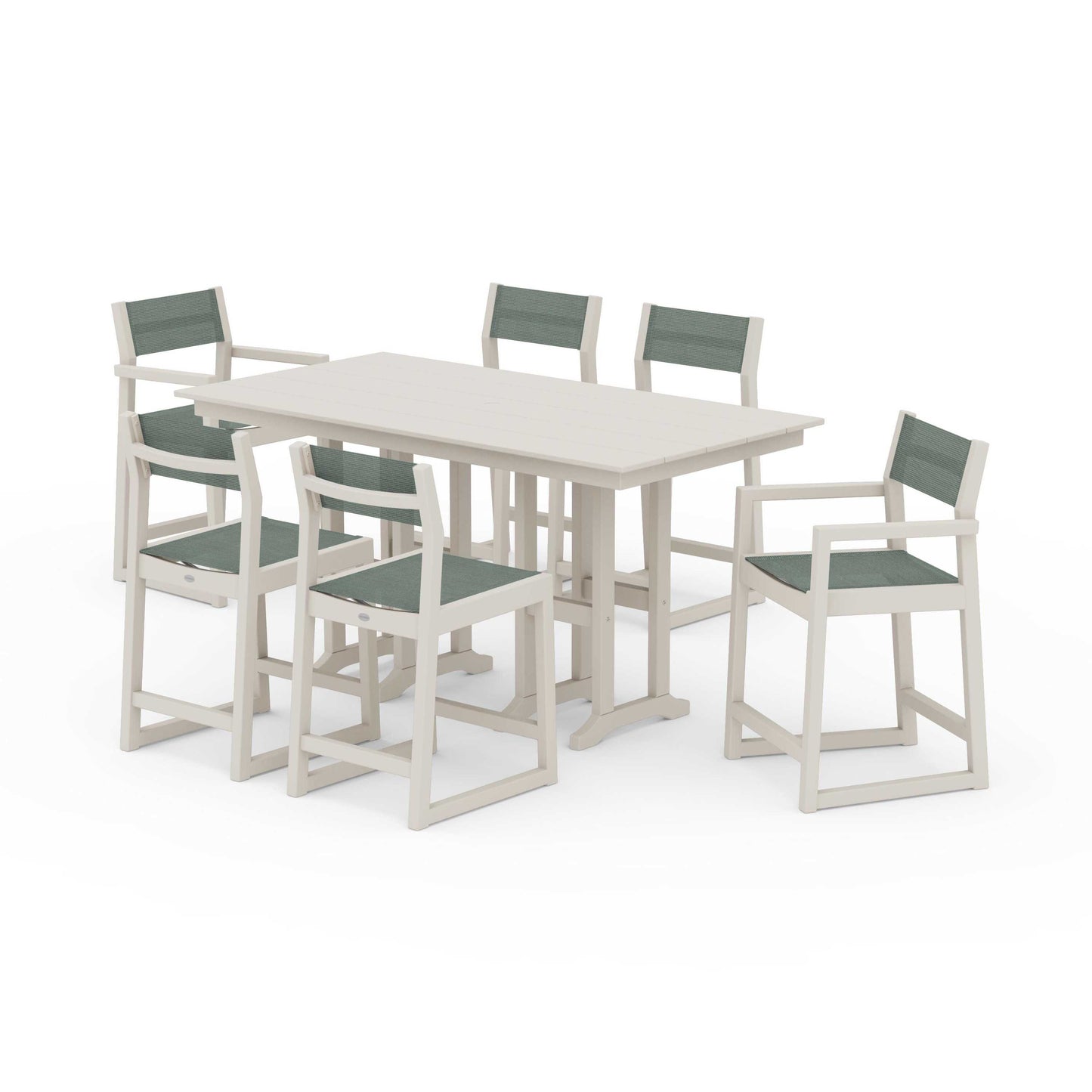 POLYWOOD EDGE Sling 7-Piece Farmhouse Counter Set with Trestle Legs — Sand / Dupioni Sea Mist Sling