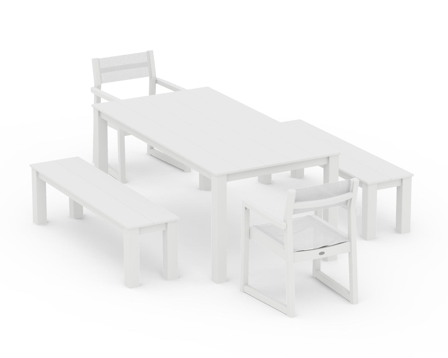 POLYWOOD EDGE Sling Arm Chair 5-Piece Parsons Dining Set with Benches — White / White Sling