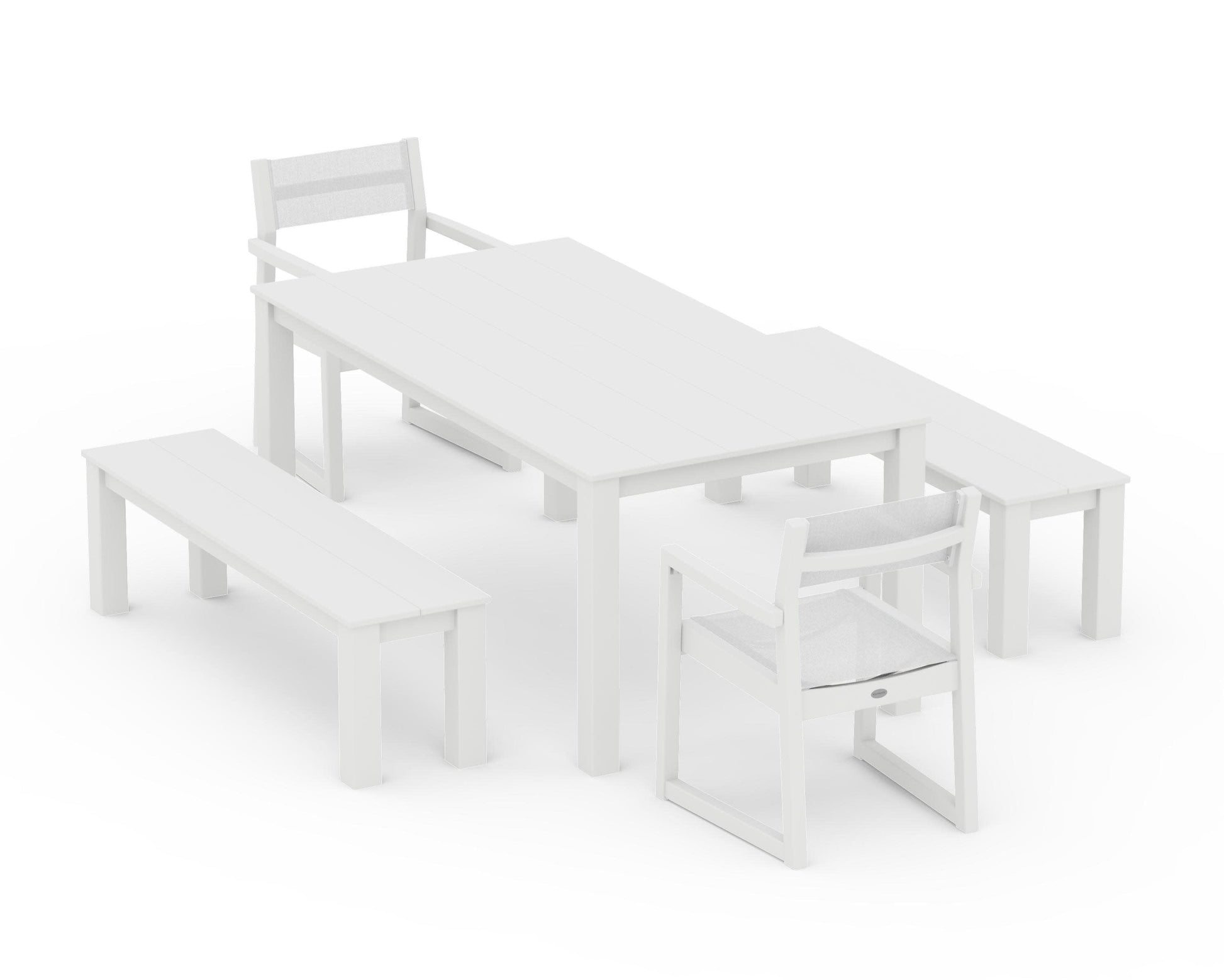 POLYWOOD EDGE Sling Arm Chair 5-Piece Parsons Dining Set with Benches — White / White Sling