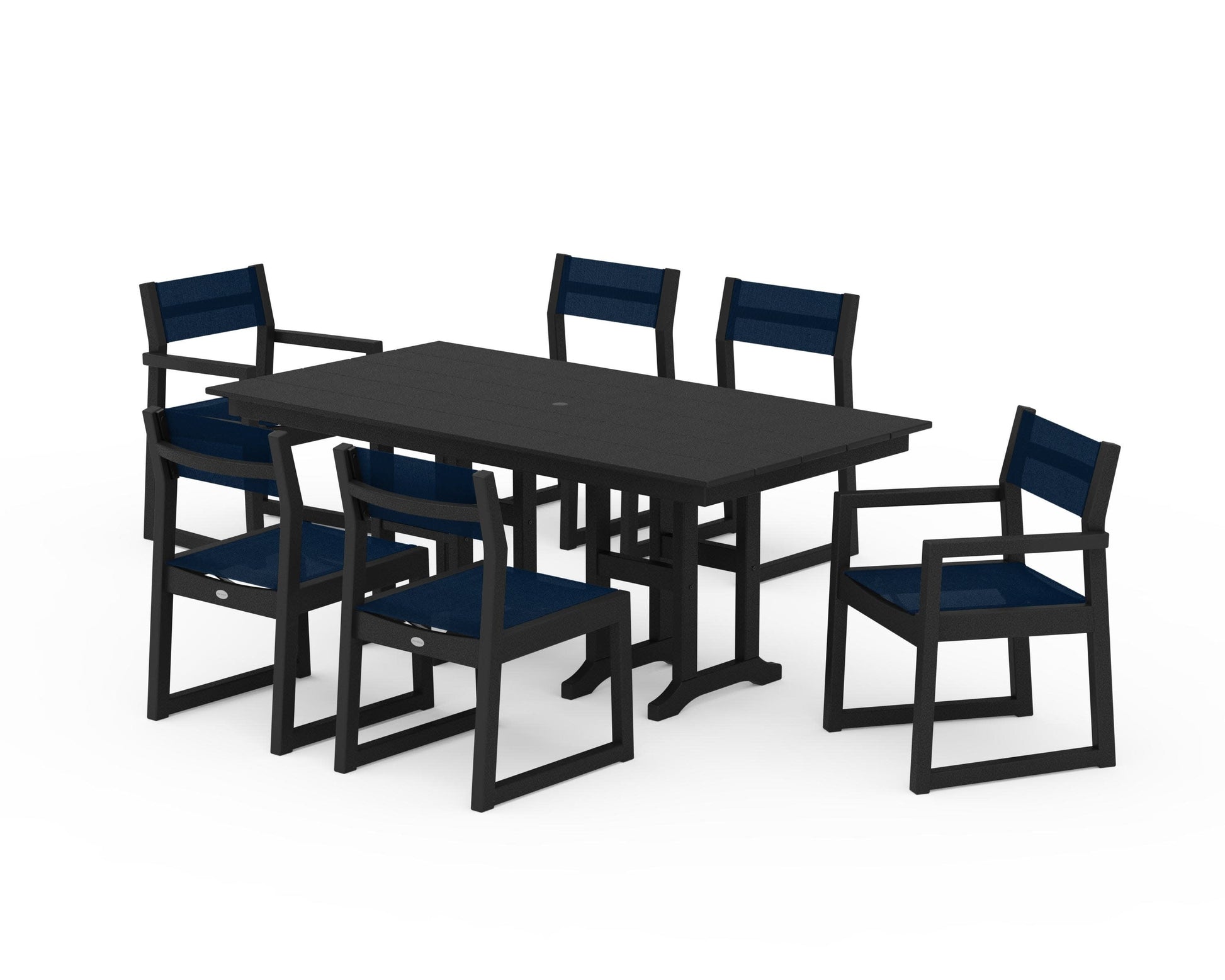 POLYWOOD EDGE Sling 7-Piece Farmhouse Dining Set — Black / Navy Blue Sling
