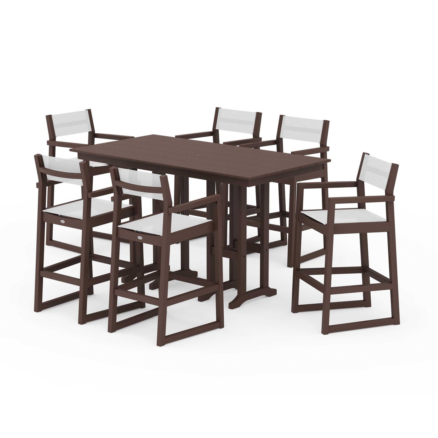 POLYWOOD EDGE Sling Arm Chair 7-Piece Farmhouse Bar Set — Mahogany / White Sling