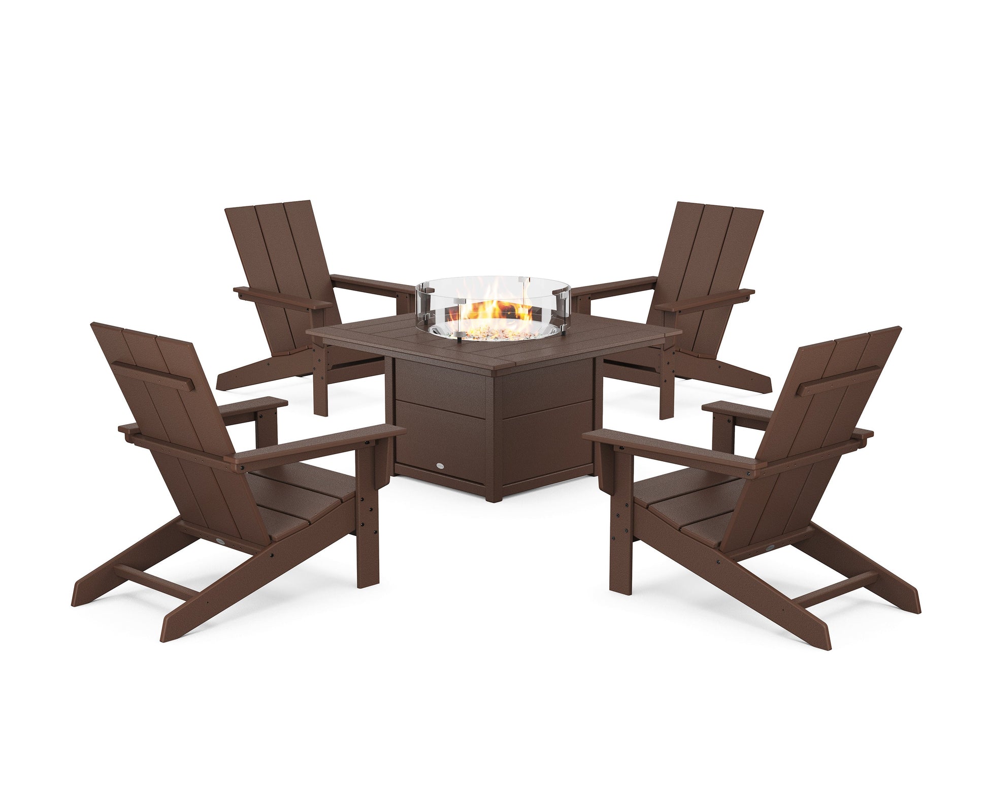POLYWOOD 5-Piece Modern Studio Adirondack Conversation Set with Fire Pit Table — Mahogany