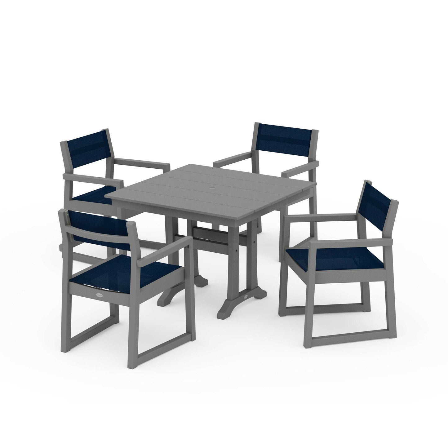 POLYWOOD EDGE Sling 5-Piece Farmhouse Dining Set with Trestle Legs — Slate Grey / Navy Blue Sling