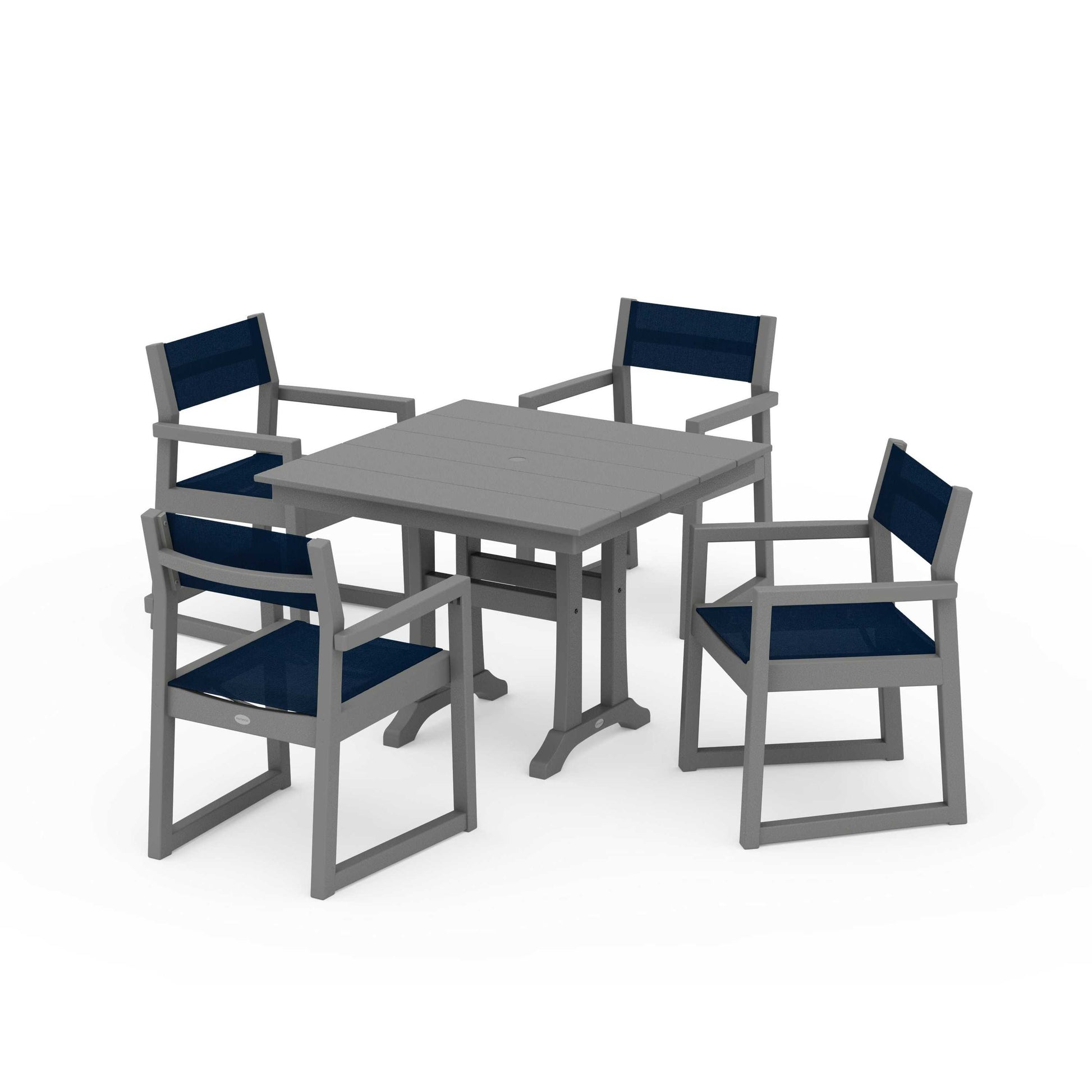 POLYWOOD EDGE Sling 5-Piece Farmhouse Dining Set with Trestle Legs — Slate Grey / Navy Blue Sling