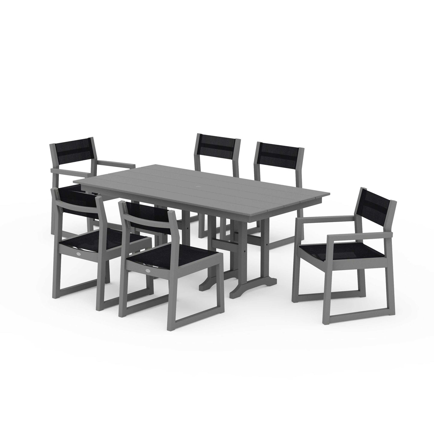 POLYWOOD EDGE Sling 7-Piece Farmhouse Dining Set — Slate Grey / Black Sling