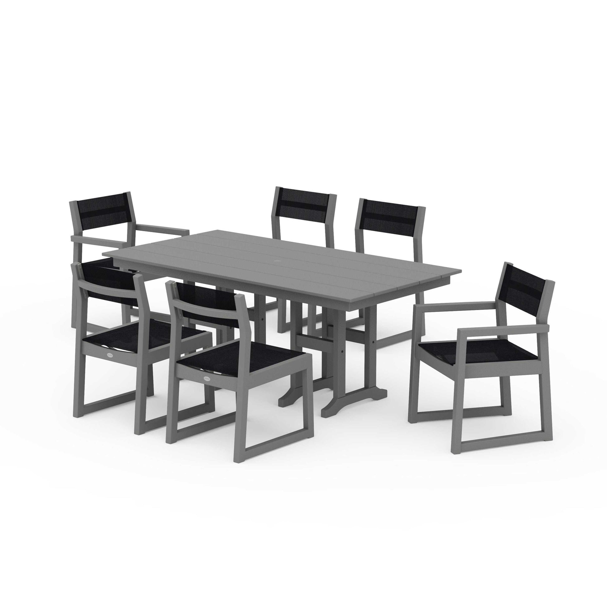 POLYWOOD EDGE Sling 7-Piece Farmhouse Dining Set — Slate Grey / Black Sling