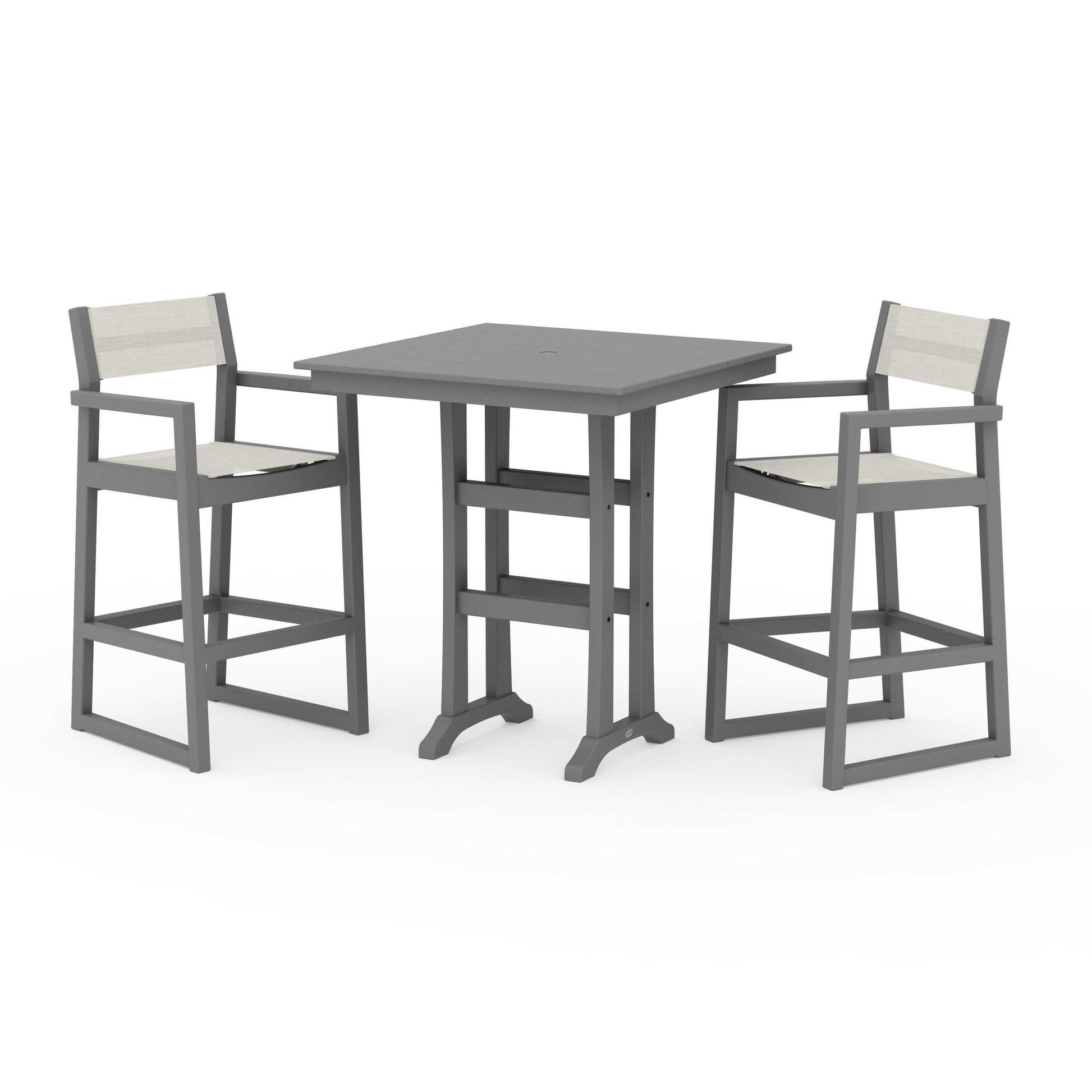 POLYWOOD EDGE Sling Arm Chair 3-Piece Farmhouse Bar Set with Trestle Legs — Slate Grey / Parchment Sling