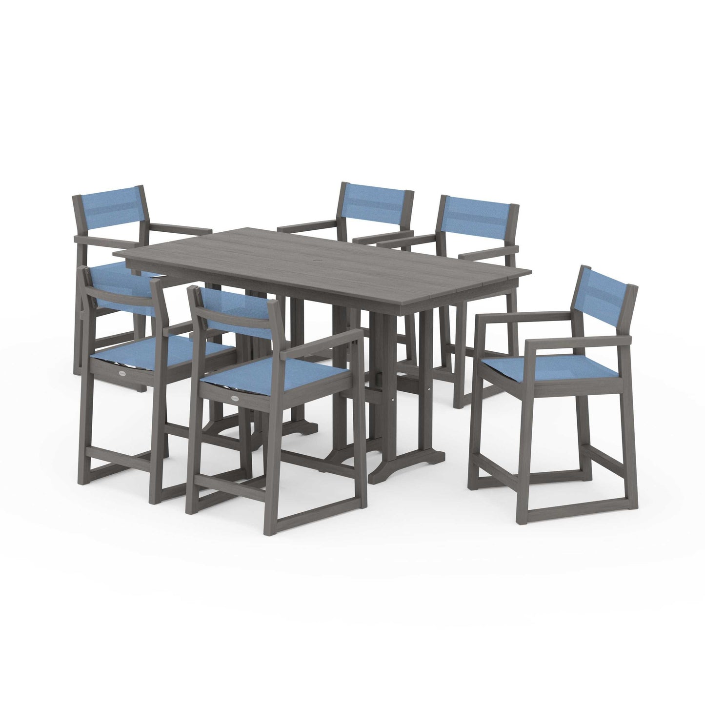 POLYWOOD EDGE Sling Arm Chair 7-Piece Farmhouse Counter Set — Driftwood / Poolside Sling