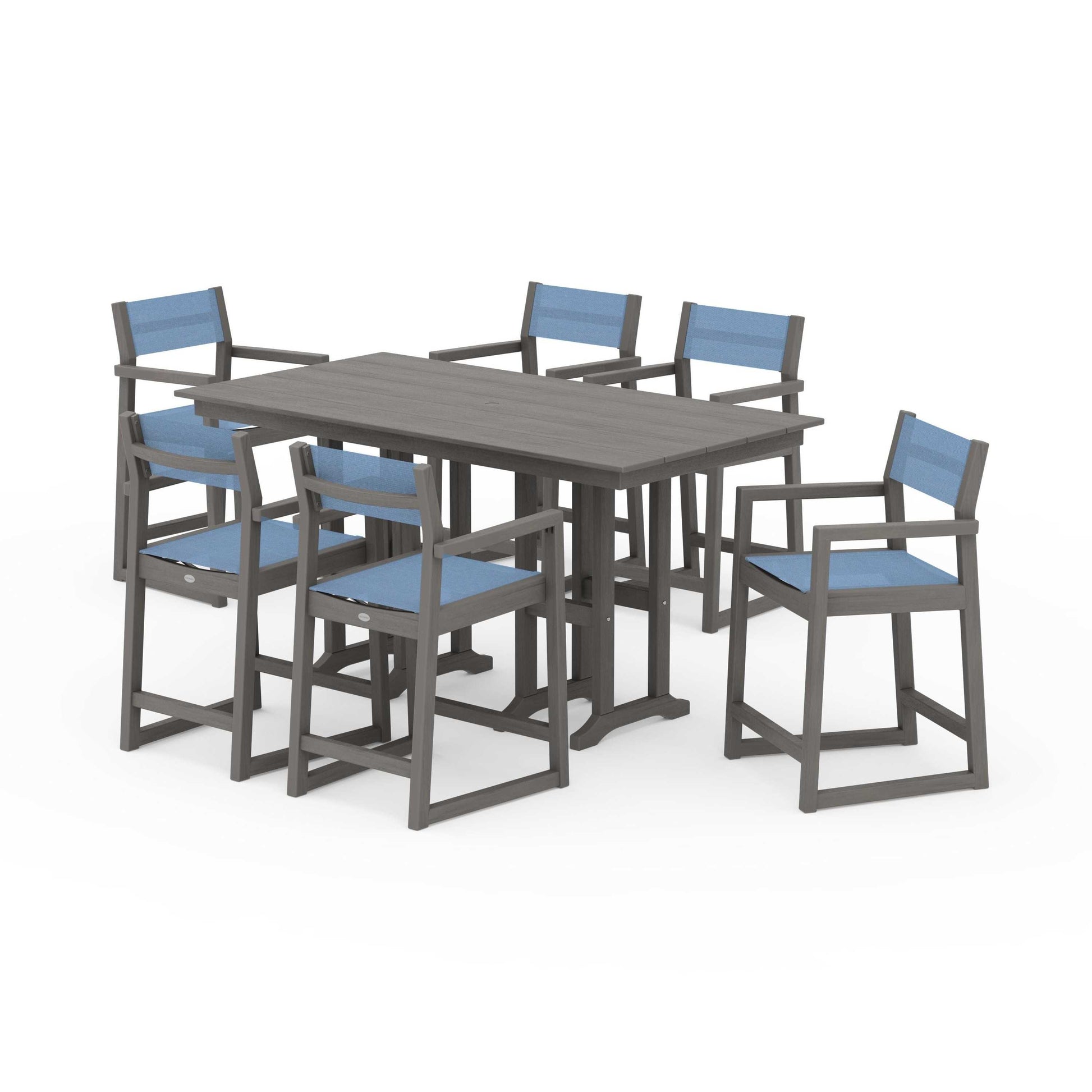 POLYWOOD EDGE Sling Arm Chair 7-Piece Farmhouse Counter Set — Driftwood / Poolside Sling