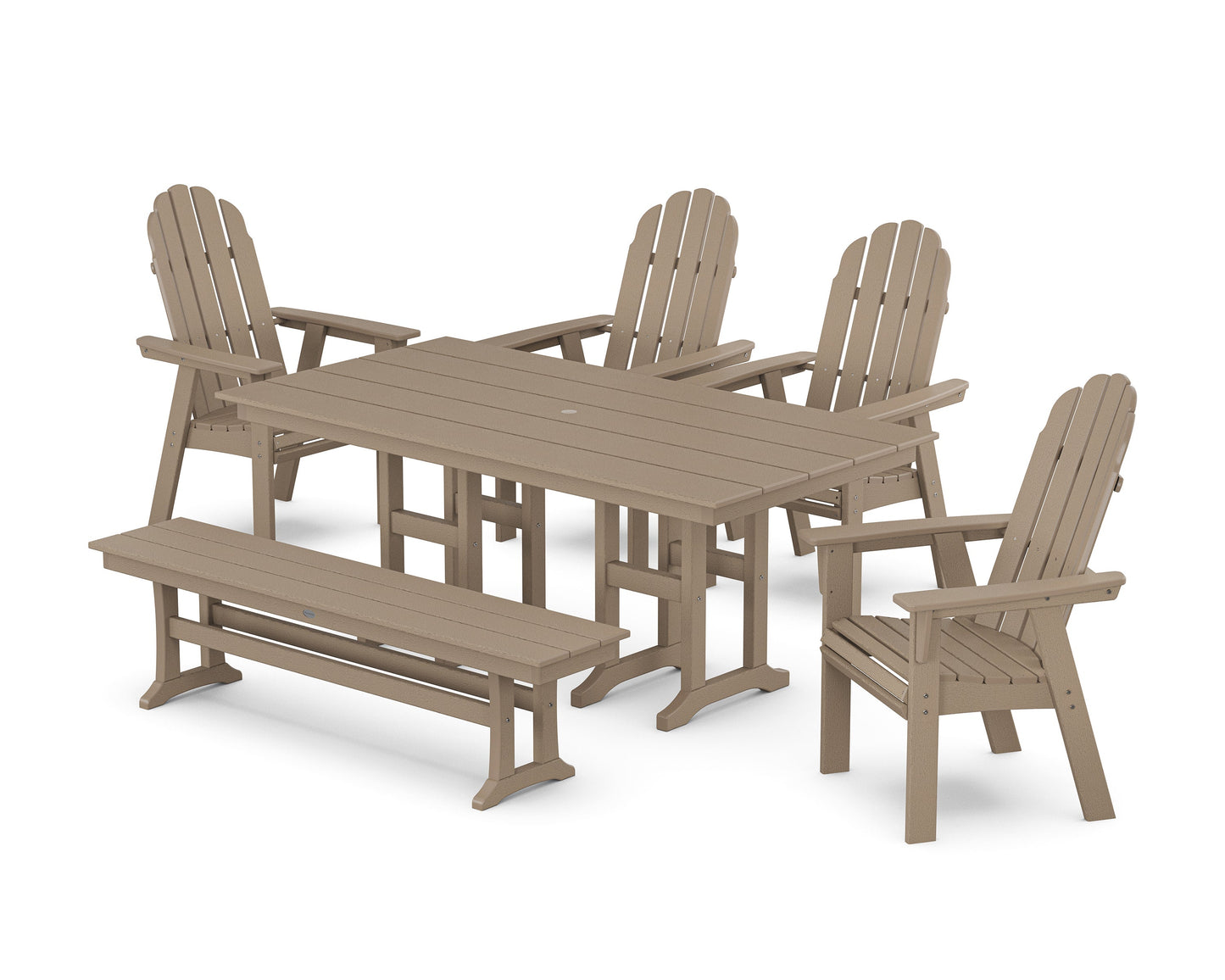 POLYWOOD Vineyard Curveback Adirondack Chair 6-Piece Farmhouse Dining Set with Bench — Vintage Sahara
