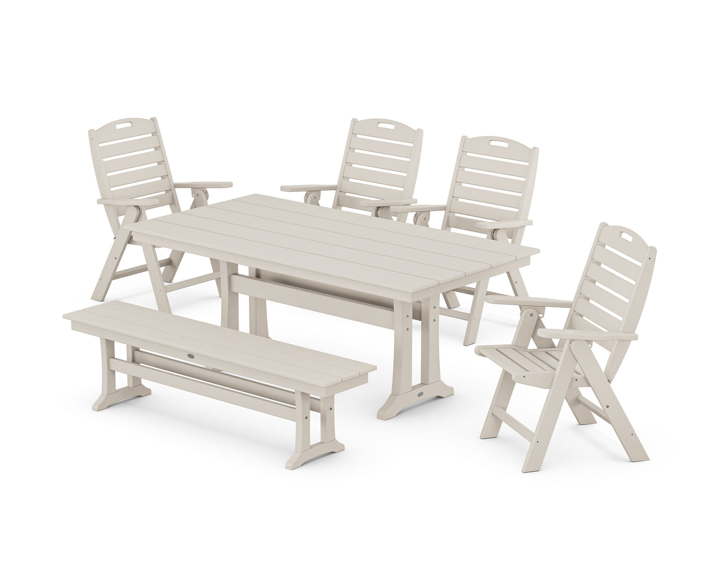 POLYWOOD Nautical Highback 6-Piece Farmhouse Dining Set with Trestle Legs and Bench — Sand