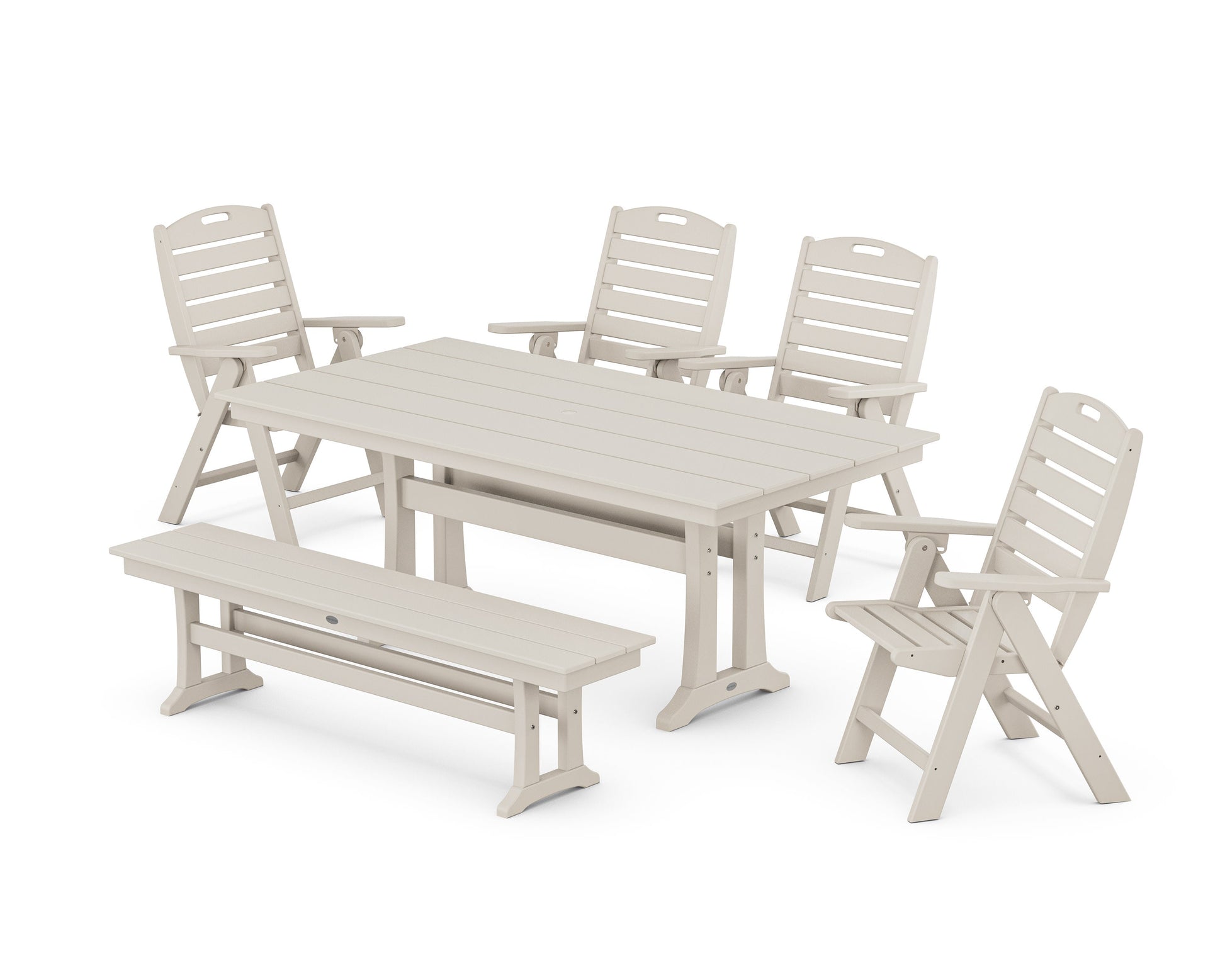 POLYWOOD Nautical Highback 6-Piece Farmhouse Dining Set with Trestle Legs and Bench — Sand