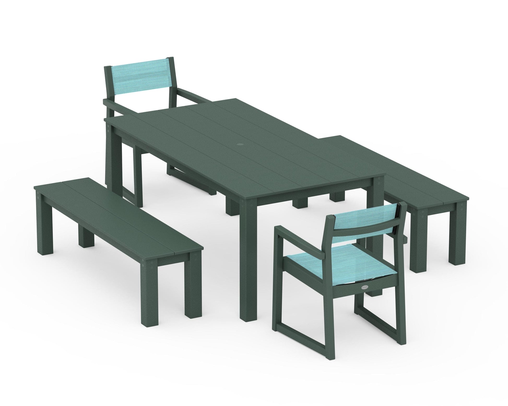 POLYWOOD EDGE Sling Arm Chair 5-Piece Parsons Dining Set with Benches — Green / Dupioni Aquamarine Sling