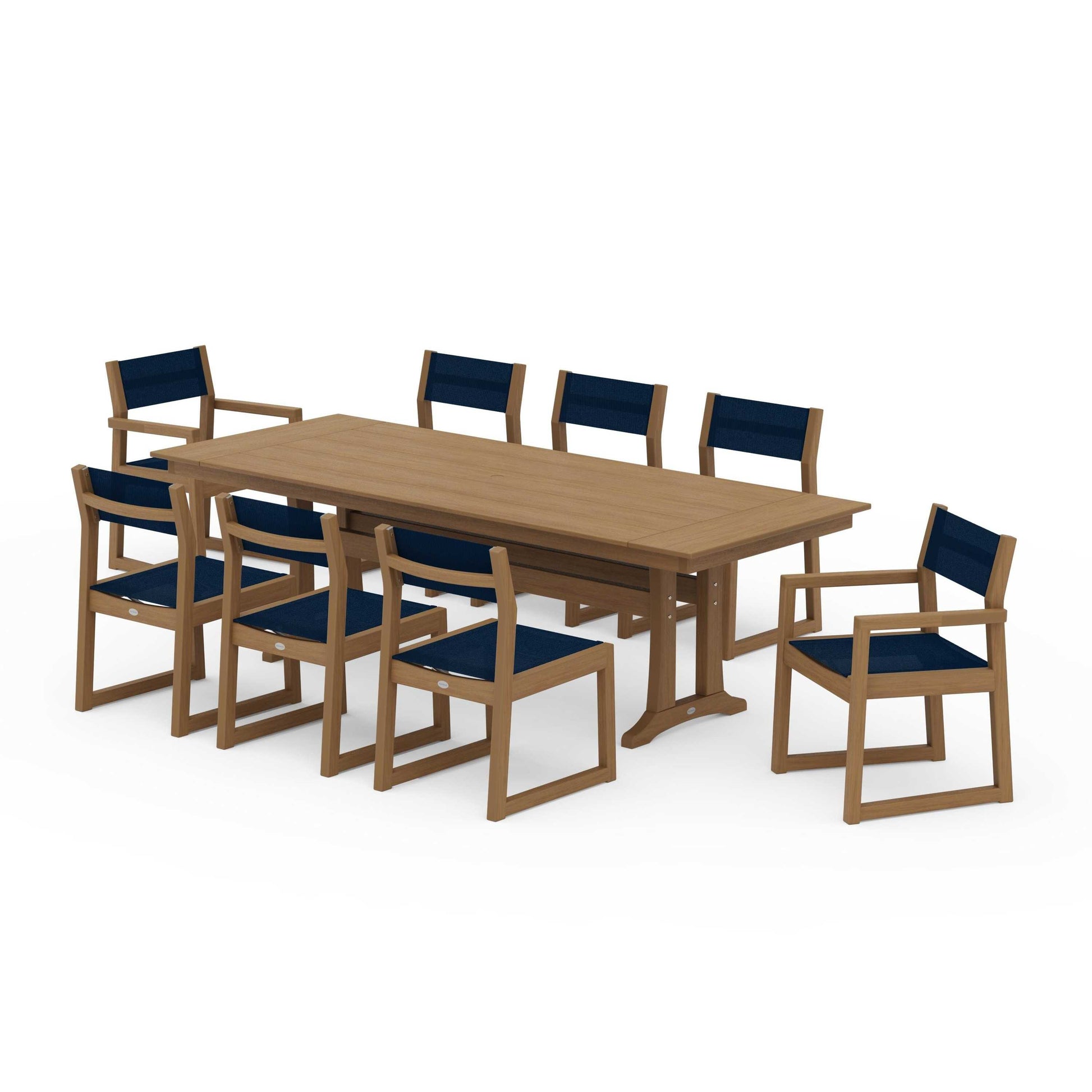 POLYWOOD EDGE Sling 9-Piece Farmhouse Trestle Dining Set — Natural / Navy Blue Sling
