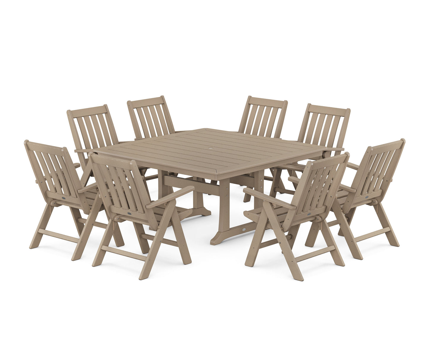 POLYWOOD Vineyard Folding Chair 9-Piece Square Dining Set with Trestle Legs — Vintage Sahara