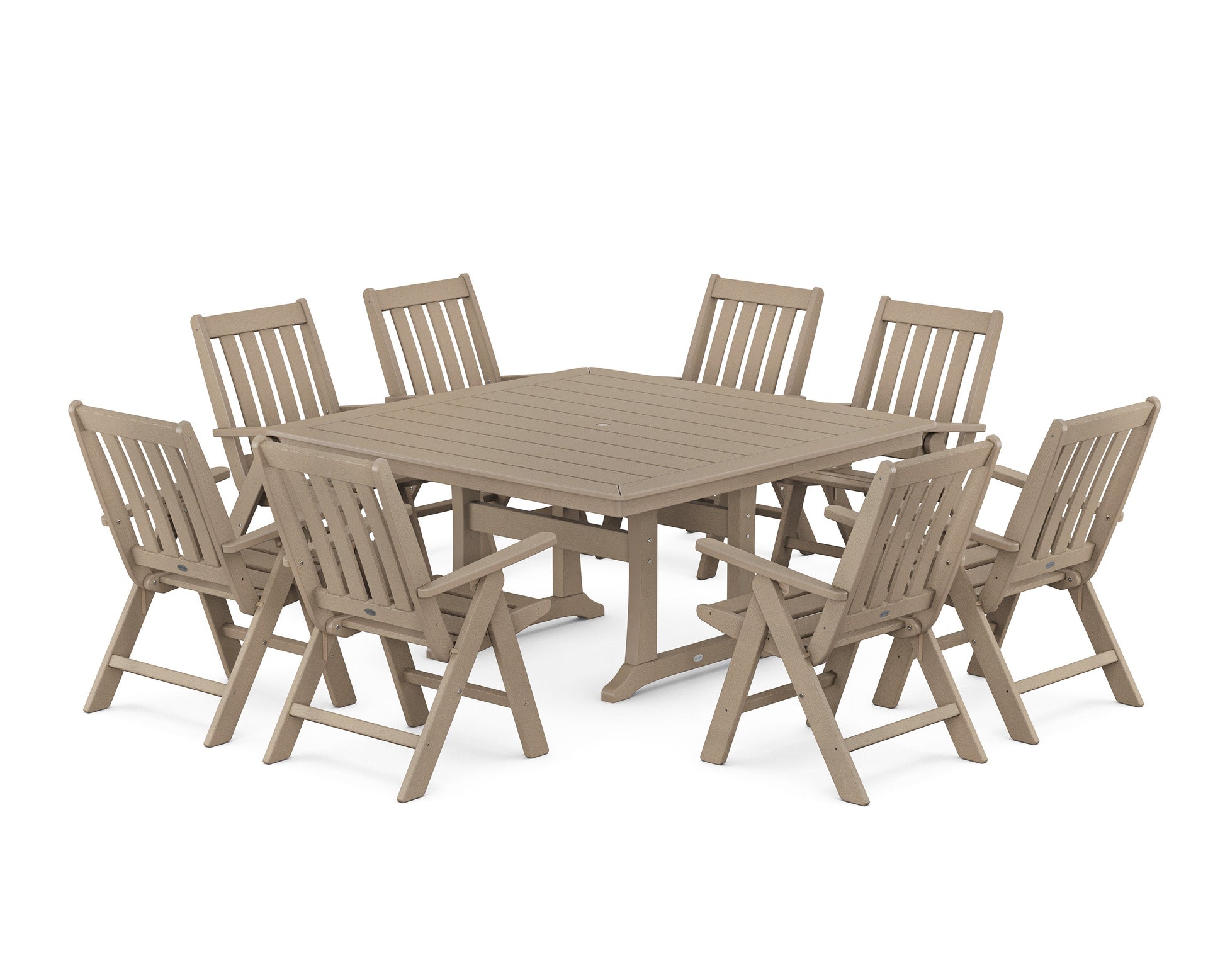 POLYWOOD Vineyard Folding Chair 9-Piece Square Dining Set with Trestle Legs — Vintage Sahara