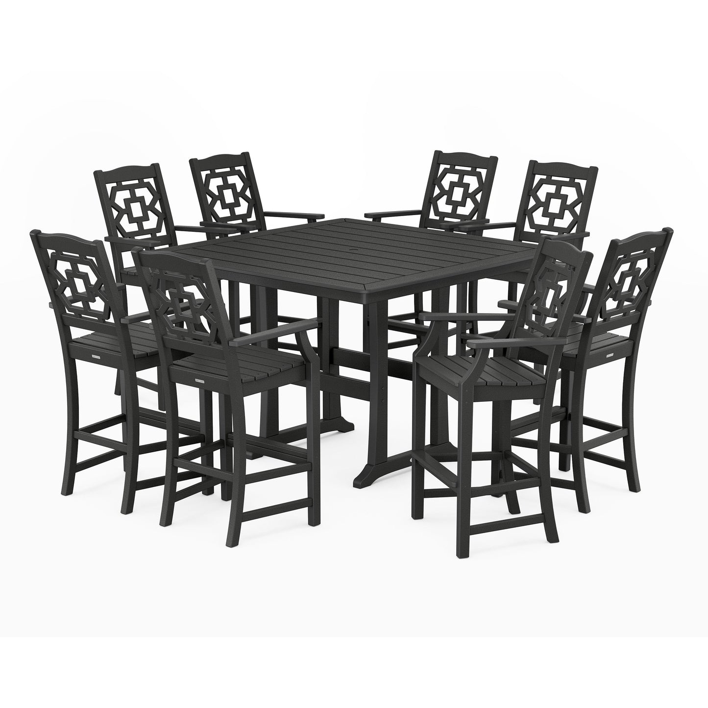 POLYWOOD Chinoiserie 9-Piece Square Bar Set with Trestle Legs — Black