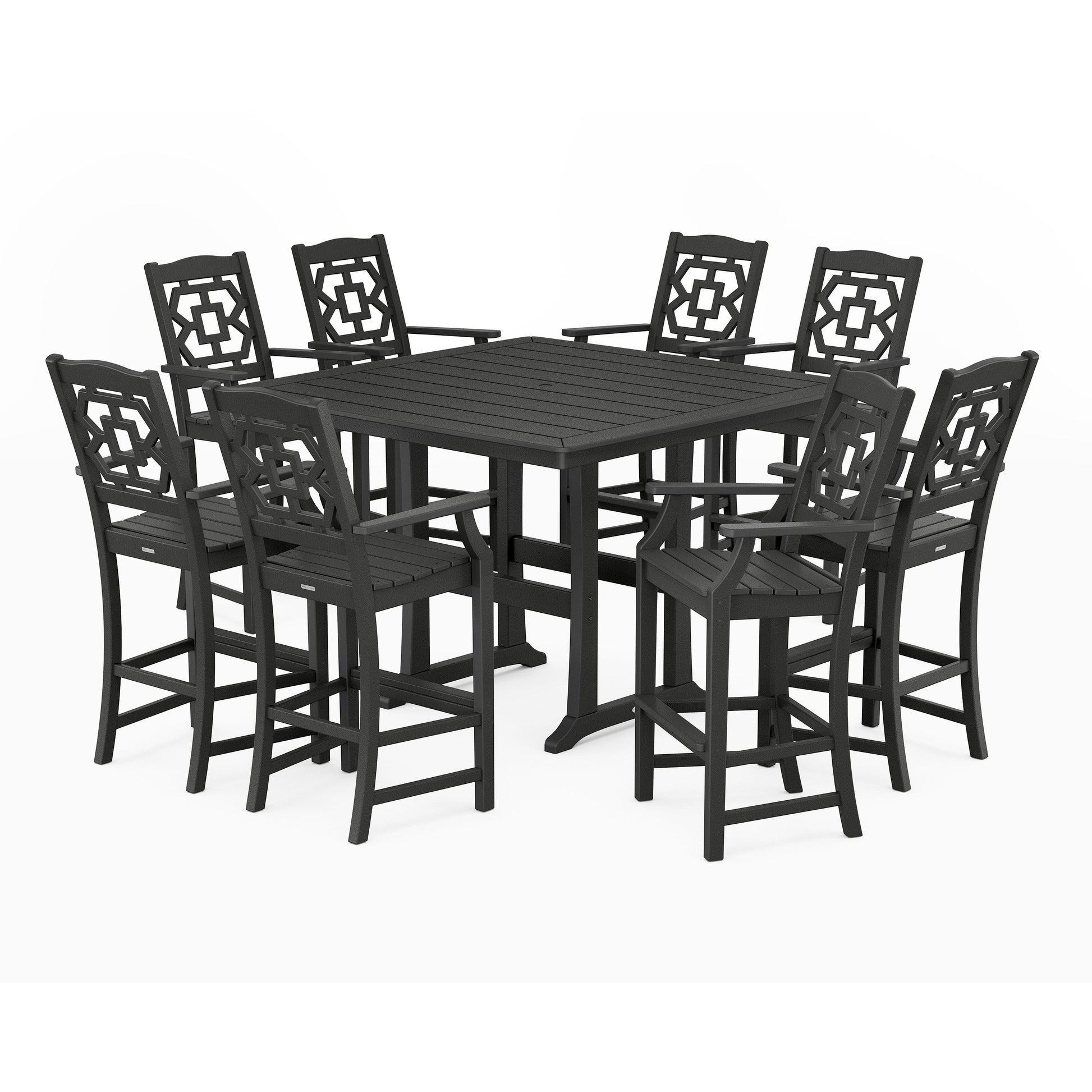 POLYWOOD Chinoiserie 9-Piece Square Bar Set with Trestle Legs — Black