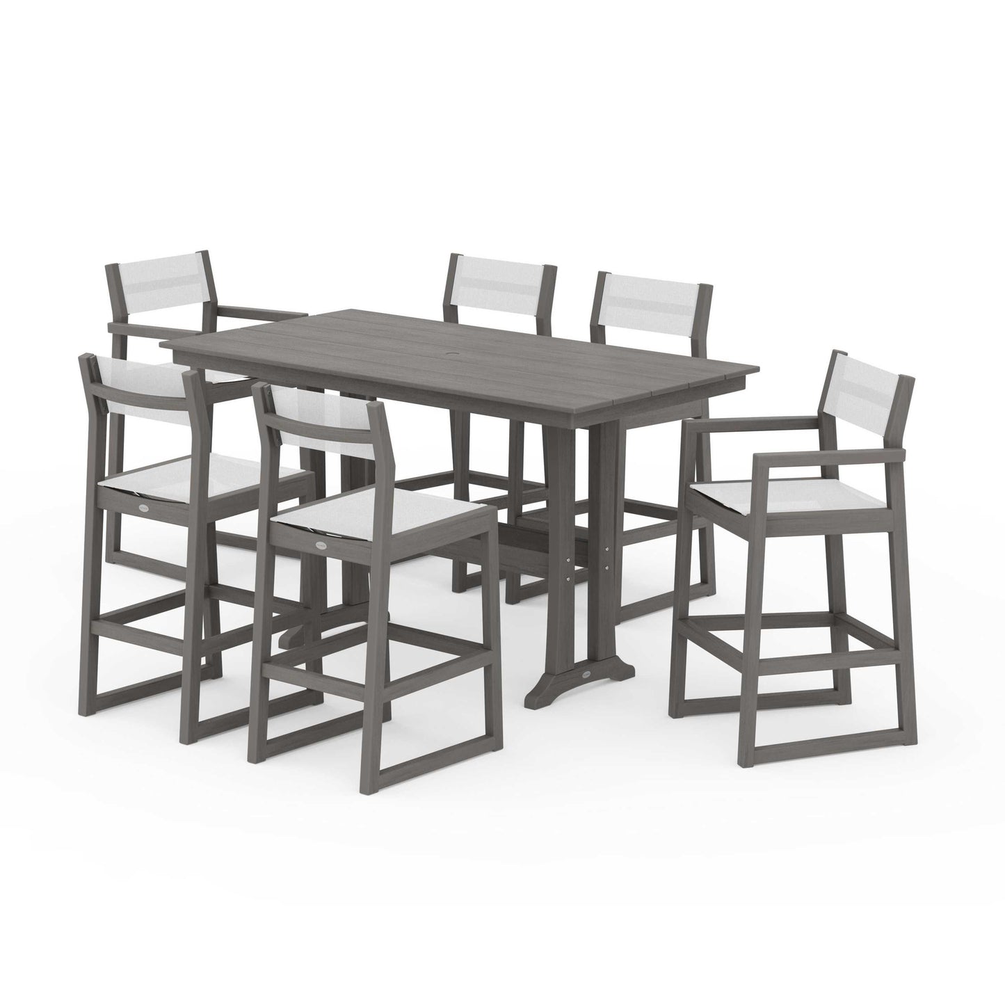 POLYWOOD EDGE Sling 7-Piece Farmhouse Bar Set with Trestle Legs — Driftwood / White Sling