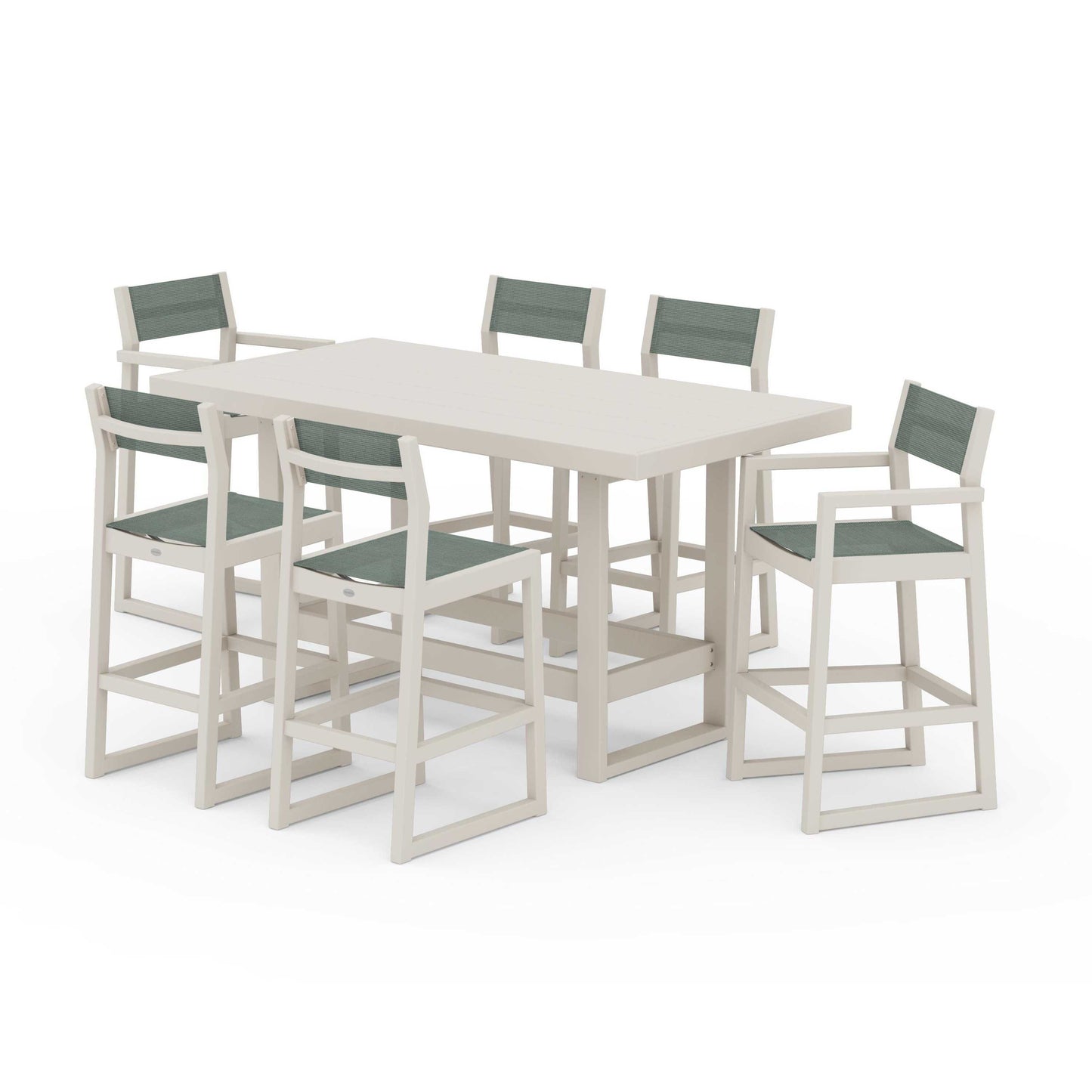 POLYWOOD EDGE Sling 7-Piece Bar Table Set — Sand / Dupioni Sea Mist Sling