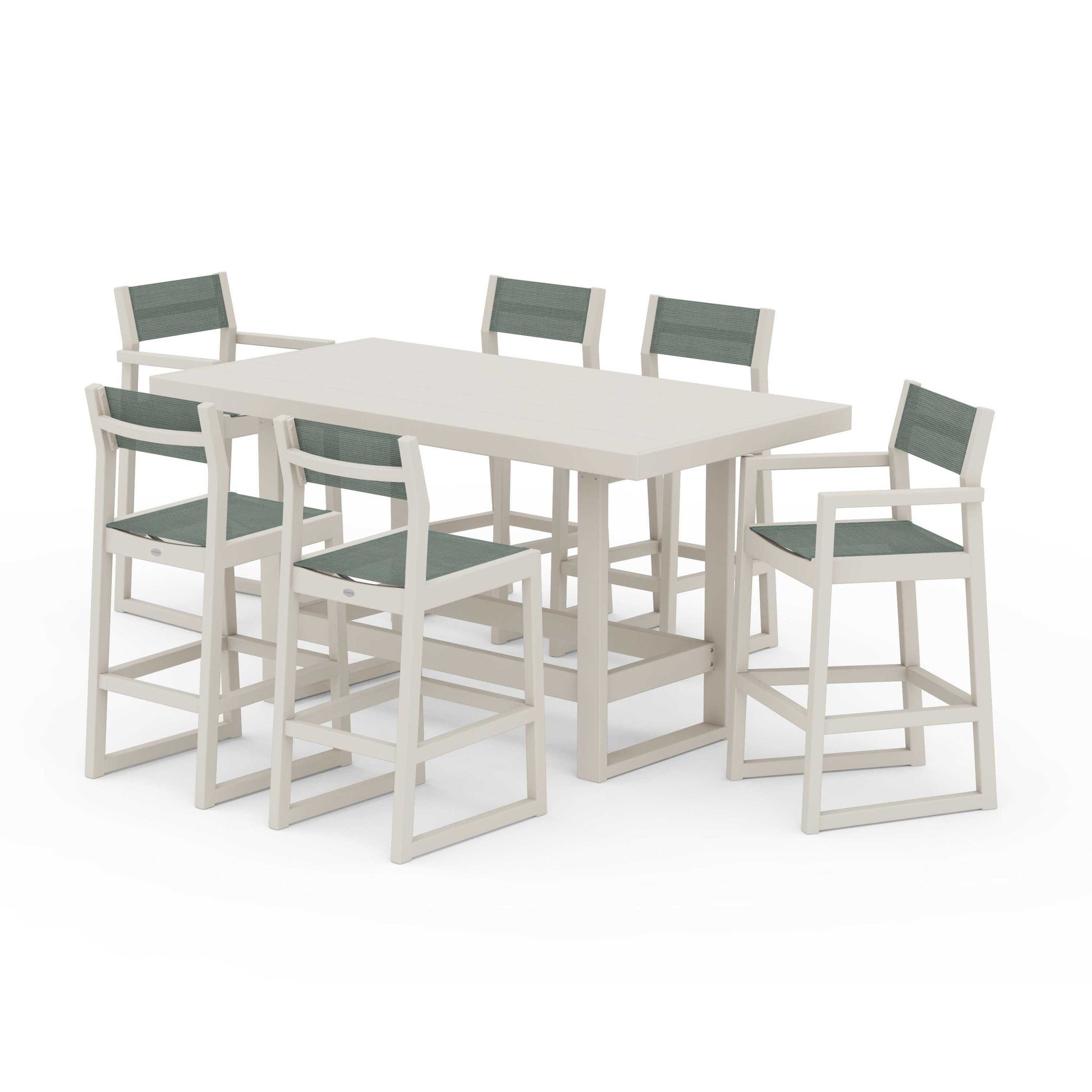 POLYWOOD EDGE Sling 7-Piece Bar Table Set — Sand / Dupioni Sea Mist Sling
