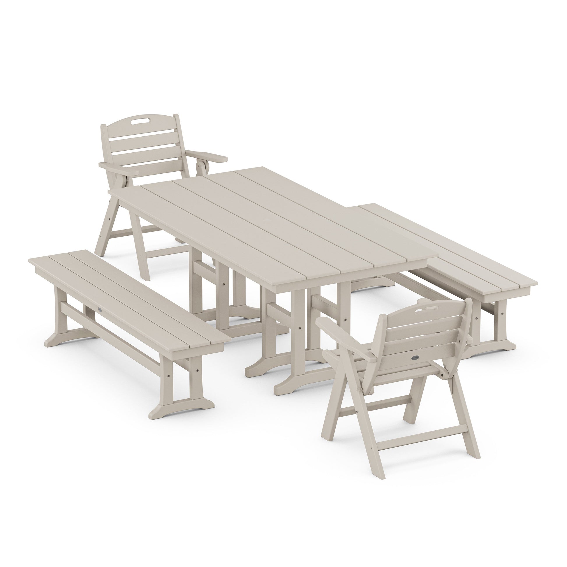 POLYWOOD Nautical Lowback 5-Piece Farmhouse Dining Set with Benches — Sand