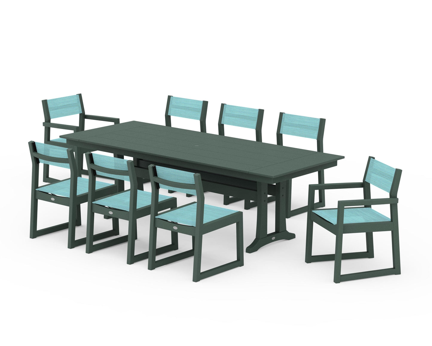 POLYWOOD EDGE Sling 9-Piece Farmhouse Trestle Dining Set — Green / Dupioni Aquamarine Sling