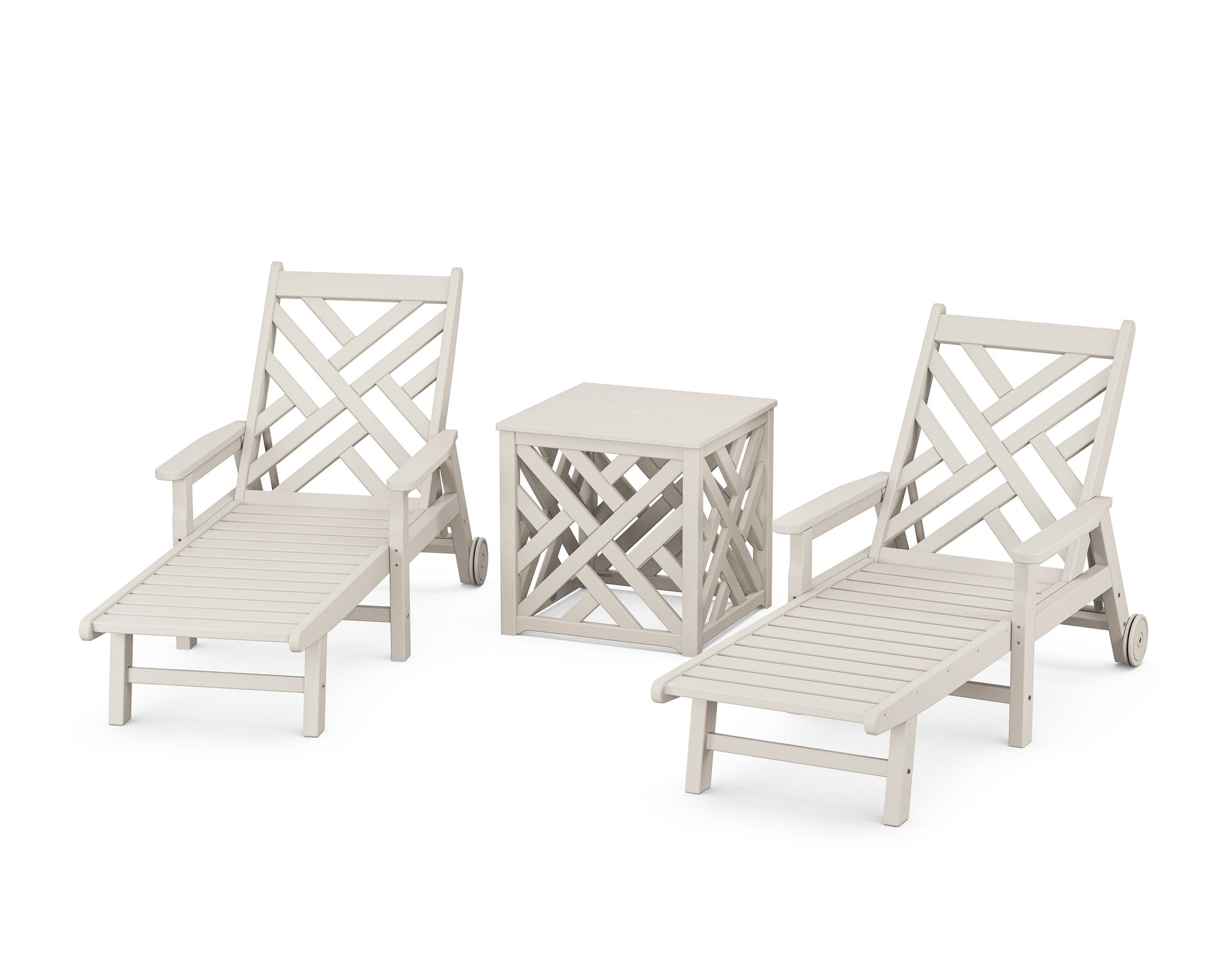 POLYWOOD Chippendale 3-Piece Chaise Set with Umbrella Stand Accent Table — Sand