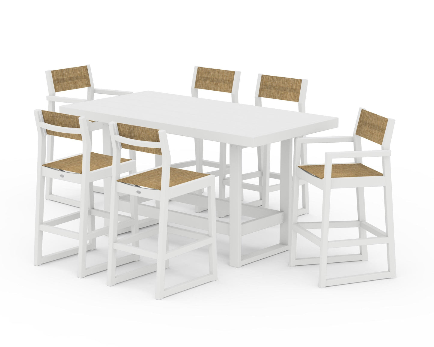 POLYWOOD EDGE Sling 7-Piece Bar Table Set — White / Burlap Sling