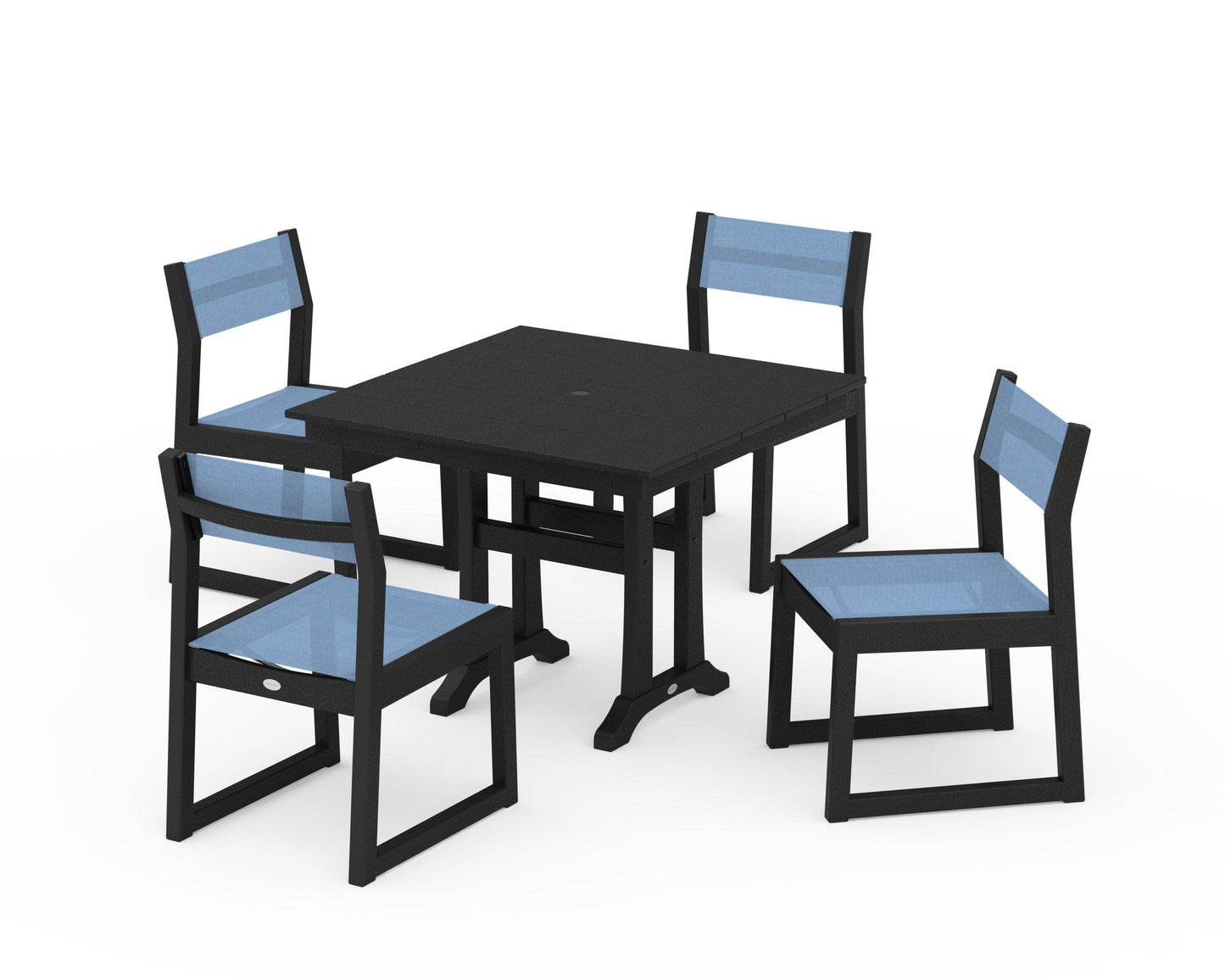 POLYWOOD EDGE Sling 5-Piece Farmhouse Trestle Side Chair Dining Set — Black / Poolside Sling