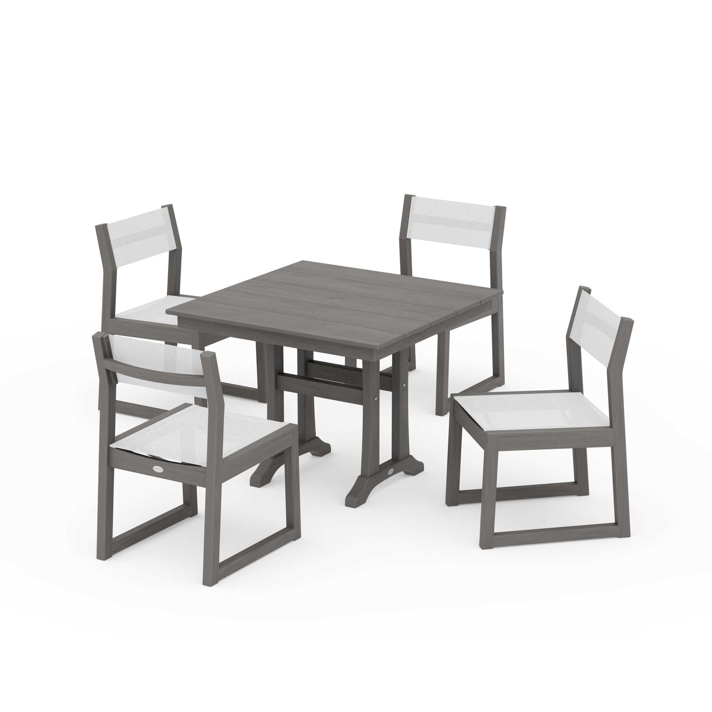 POLYWOOD EDGE Sling 5-Piece Farmhouse Trestle Side Chair Dining Set — Driftwood / White Sling