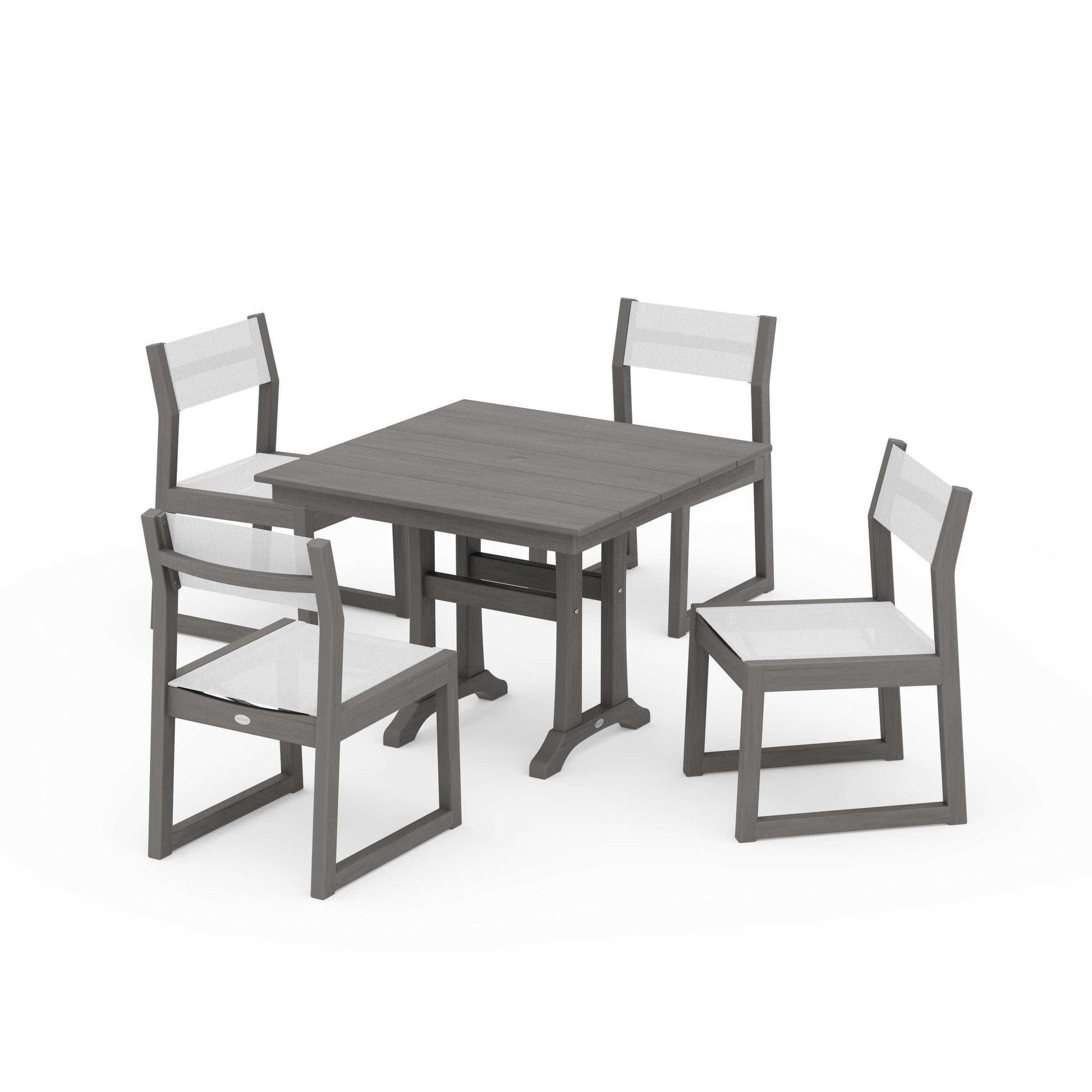 POLYWOOD EDGE Sling 5-Piece Farmhouse Trestle Side Chair Dining Set — Driftwood / White Sling