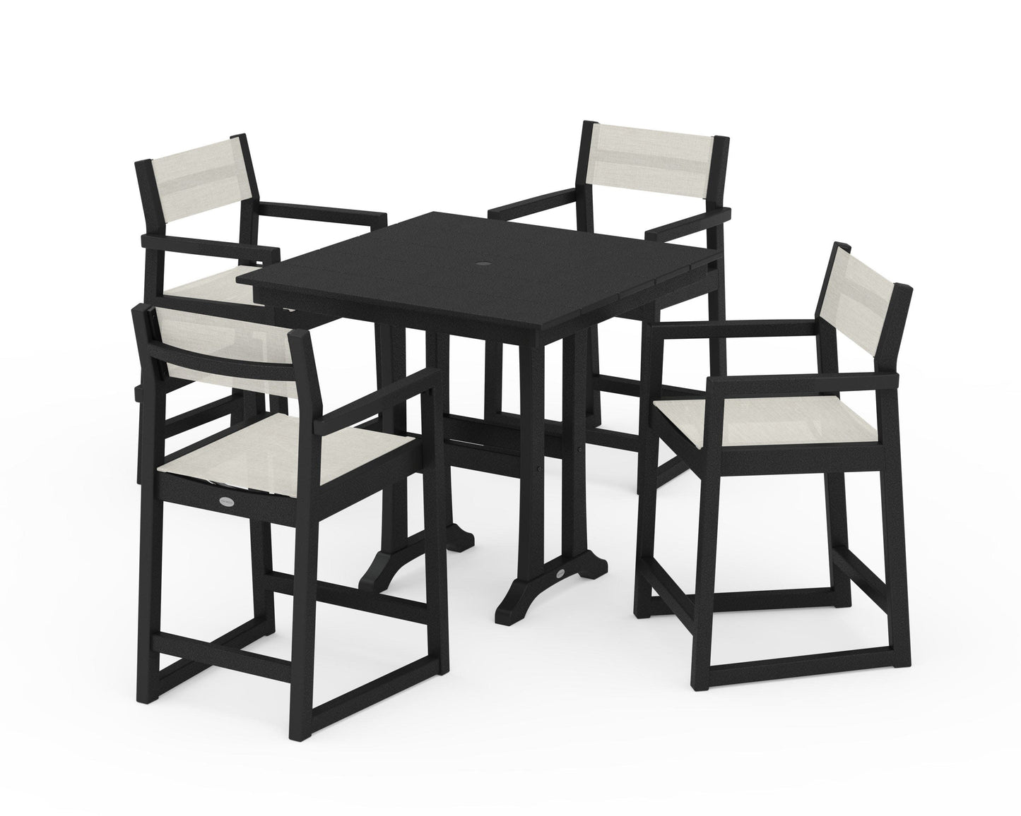 POLYWOOD EDGE Sling Arm Chair 5-Piece Farmhouse Counter Set with Trestle Legs — Black / Parchment Sling