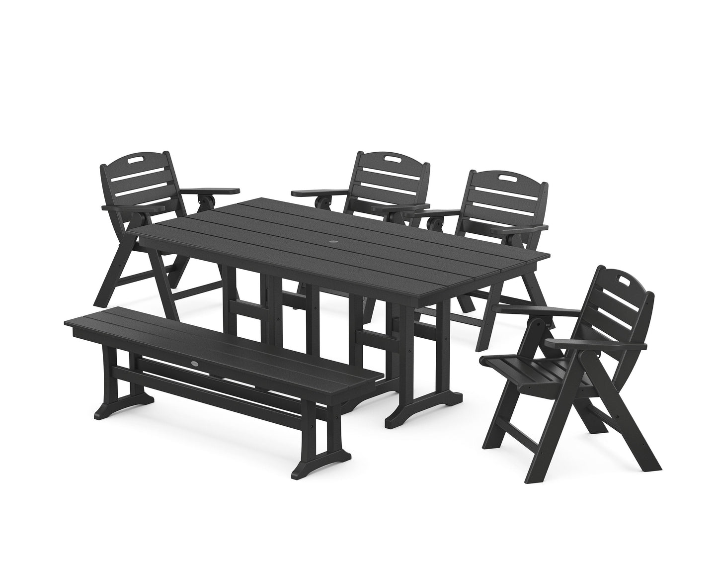 POLYWOOD Nautical Lowback 6-Piece Farmhouse Dining Set with Bench — Black
