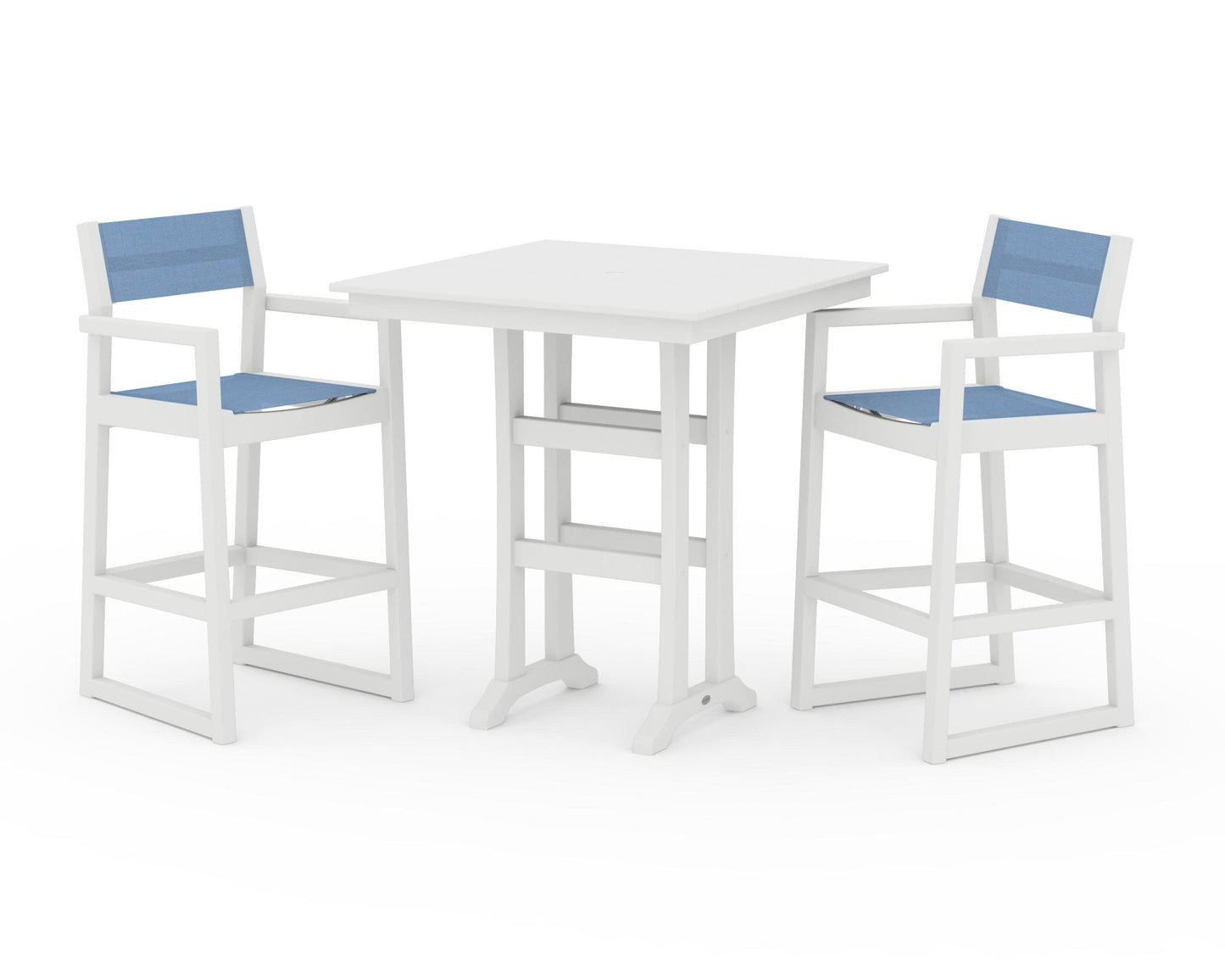 POLYWOOD EDGE Sling Arm Chair 3-Piece Farmhouse Bar Set with Trestle Legs — White / Poolside Sling