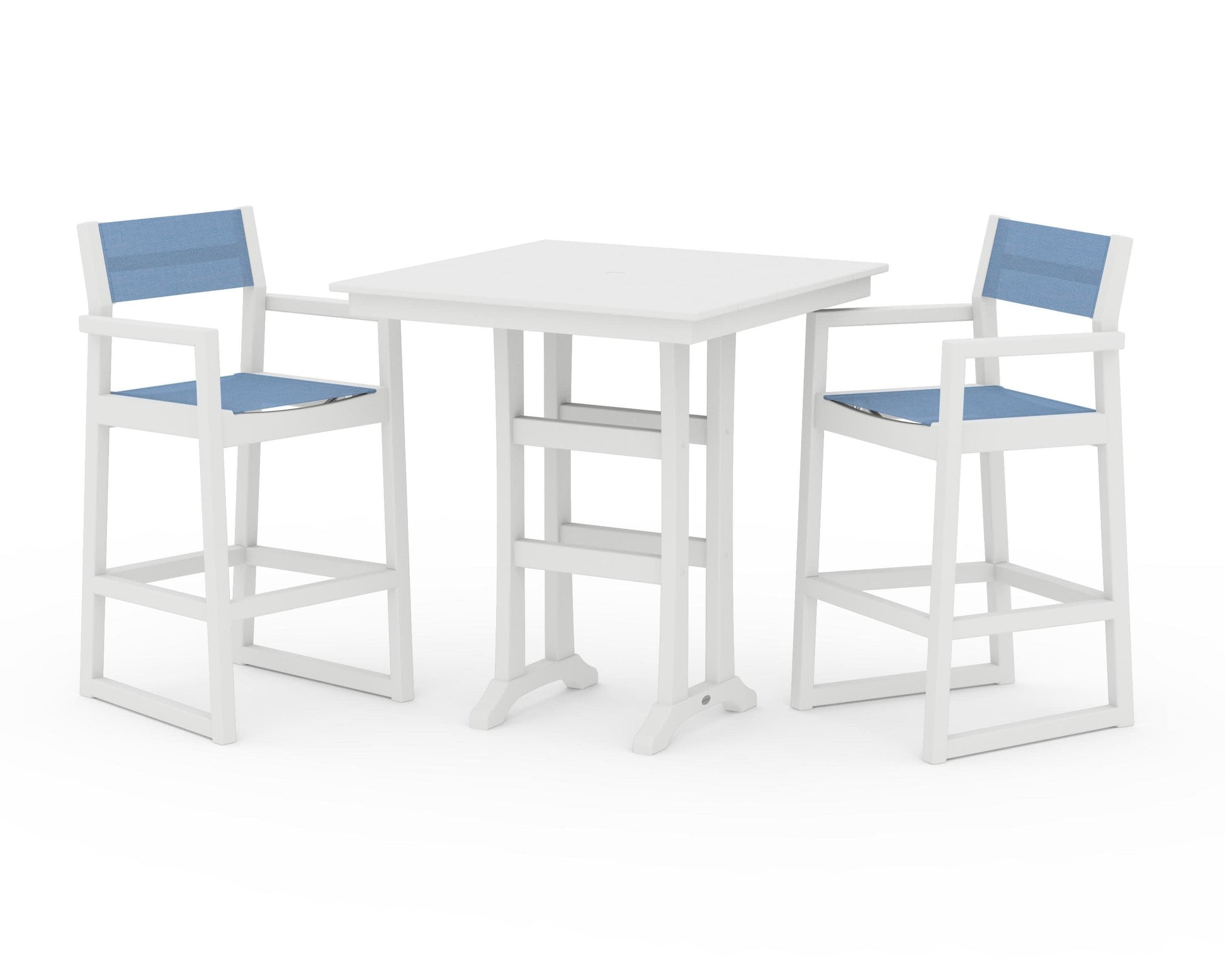 POLYWOOD EDGE Sling Arm Chair 3-Piece Farmhouse Bar Set with Trestle Legs — White / Poolside Sling
