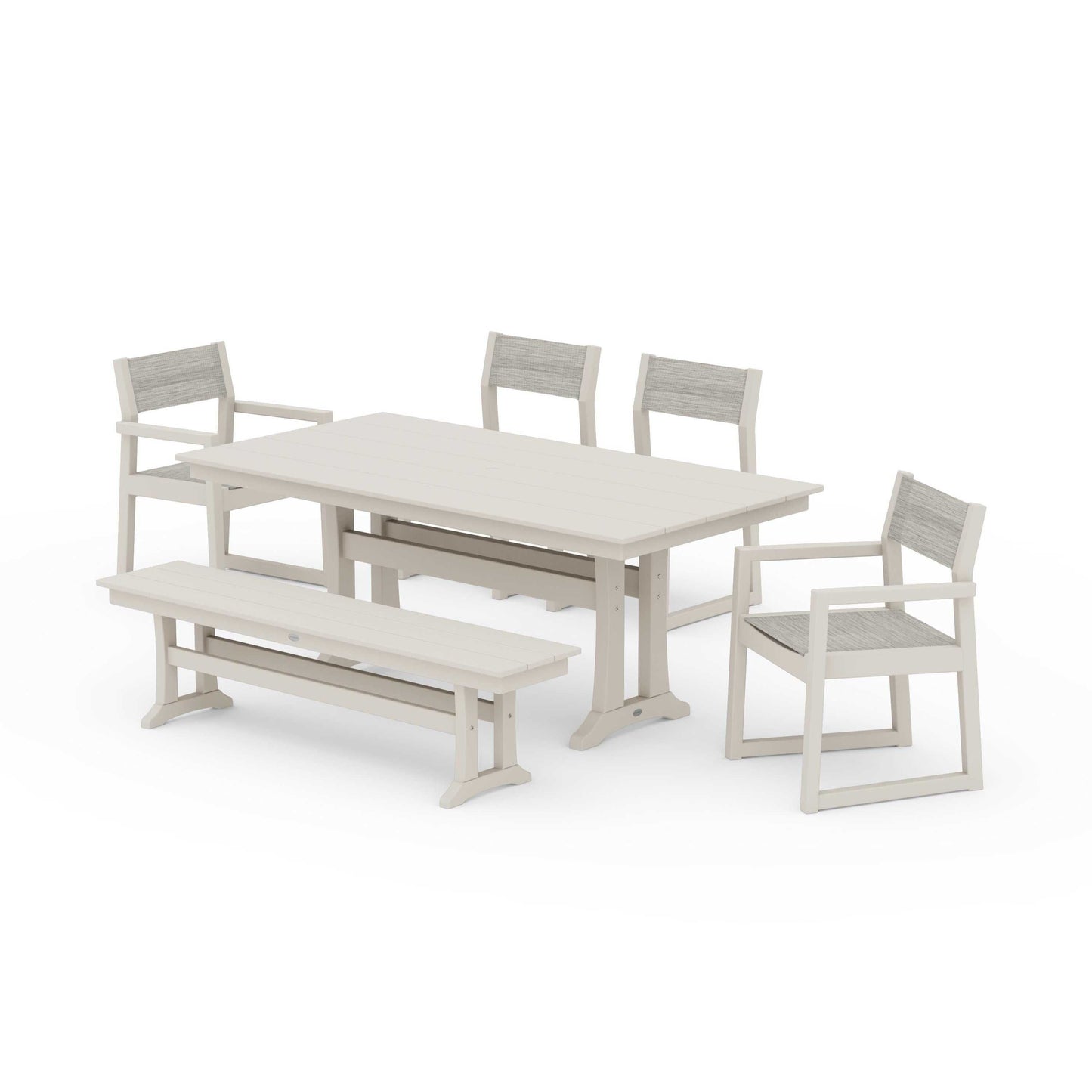 POLYWOOD EDGE Sling 6-Piece Farmhouse Dining Set With Trestle Legs — Sand / Birch Sling