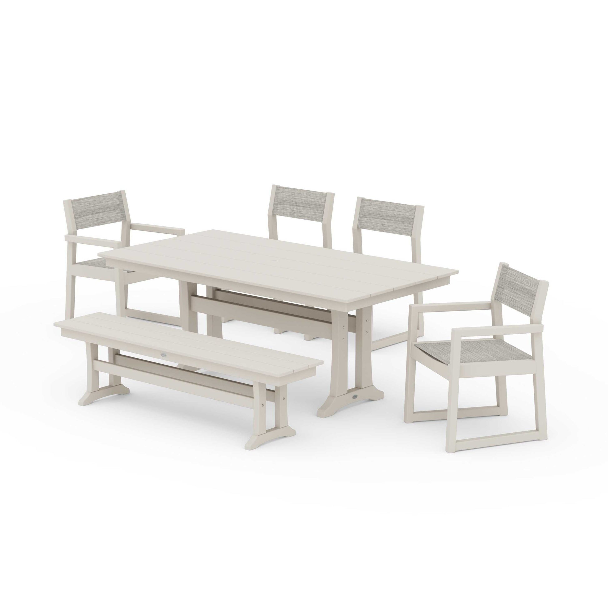 POLYWOOD EDGE Sling 6-Piece Farmhouse Dining Set With Trestle Legs — Sand / Birch Sling