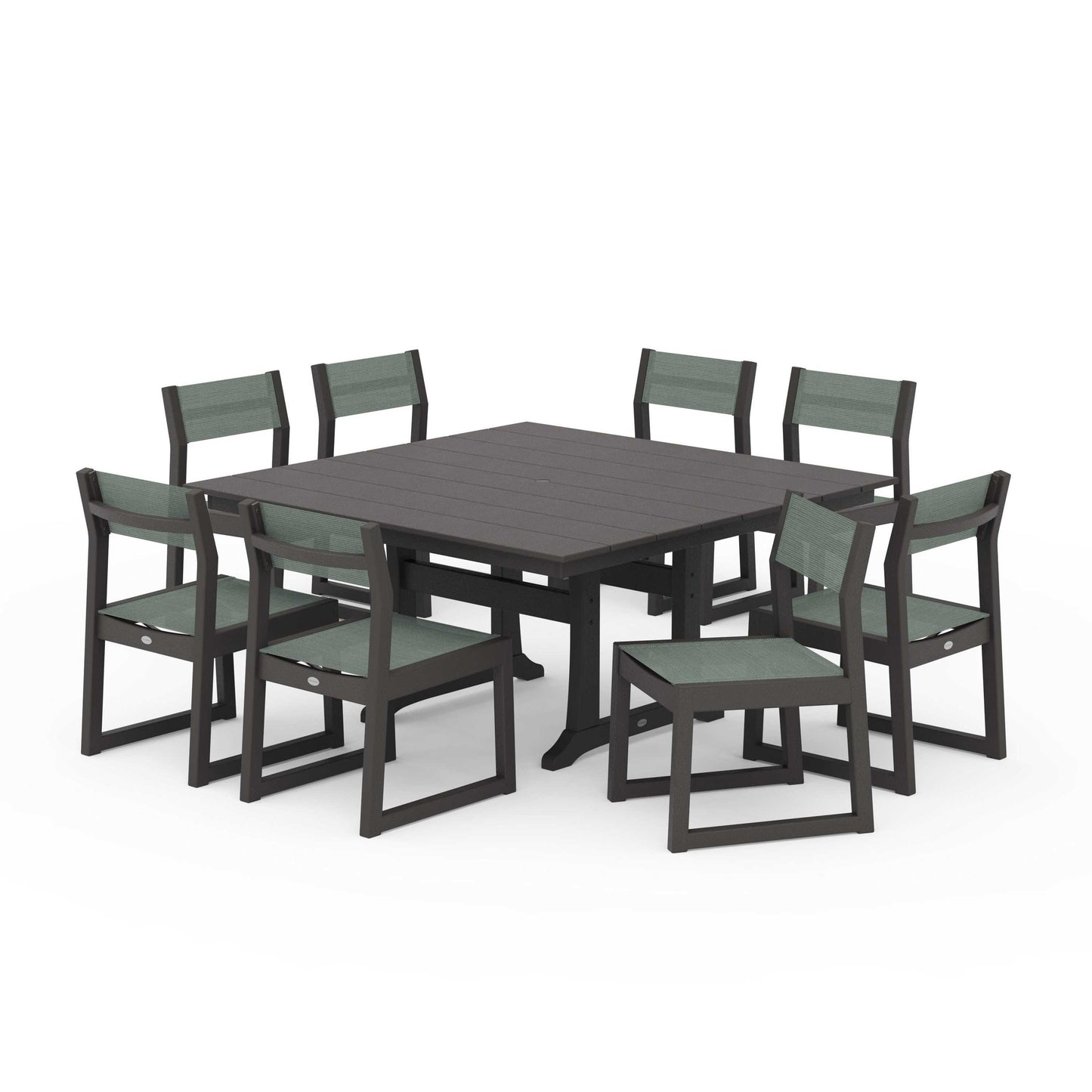 POLYWOOD EDGE Sling Side Chair 9-Piece Farmhouse Trestle Dining Set — Vintage Coffee / Dupioni Sea Mist Sling