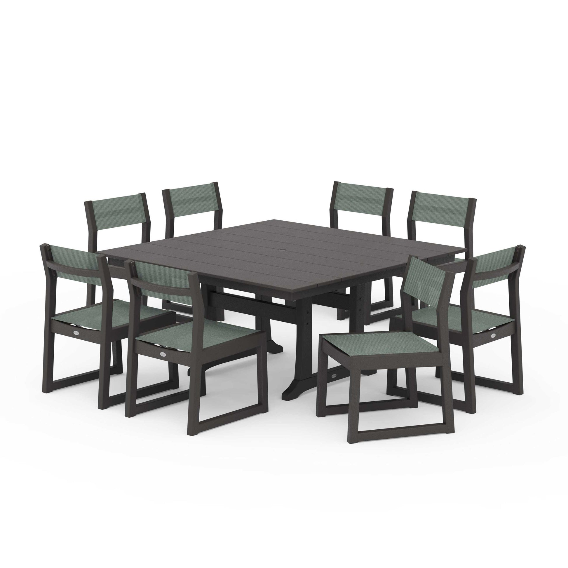 POLYWOOD EDGE Sling Side Chair 9-Piece Farmhouse Trestle Dining Set — Vintage Coffee / Dupioni Sea Mist Sling