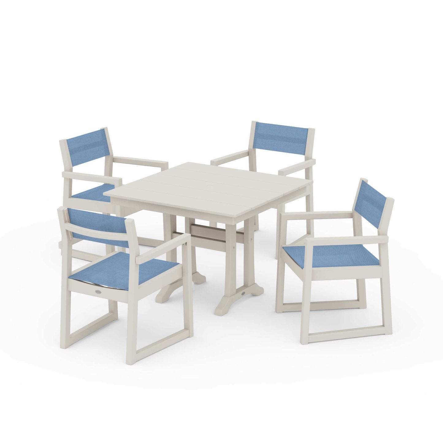 POLYWOOD EDGE Sling 5-Piece Farmhouse Dining Set with Trestle Legs — Sand / Poolside Sling
