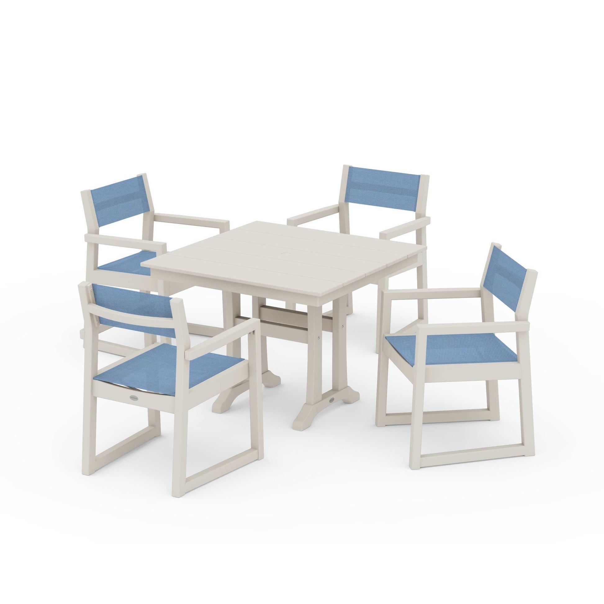 POLYWOOD EDGE Sling 5-Piece Farmhouse Dining Set with Trestle Legs — Sand / Poolside Sling