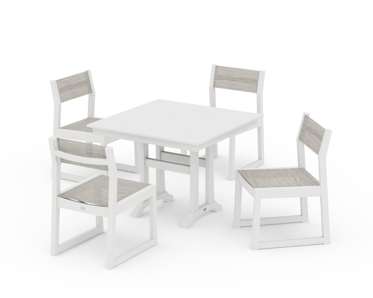 POLYWOOD EDGE Sling 5-Piece Farmhouse Trestle Side Chair Dining Set — White / Birch Sling